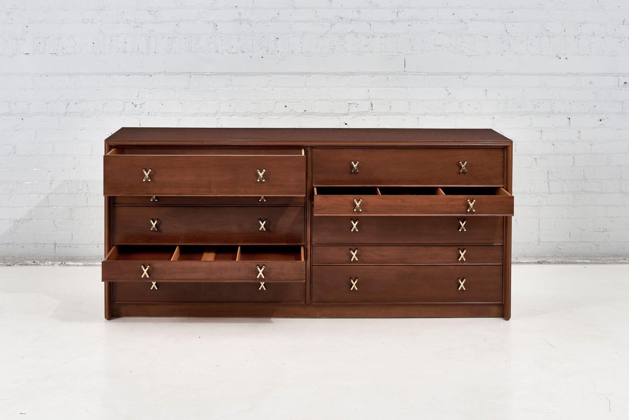 Paul Frankl 10 Drawer X Brass Pulls Dresser for Johnson Furniture, 1960 In Good Condition In Chicago, IL