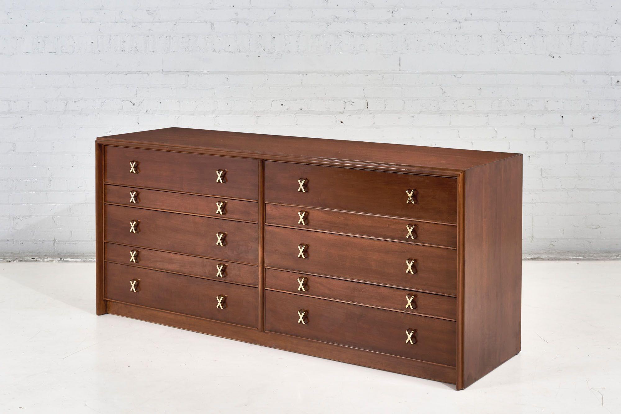 Mid-20th Century Paul Frankl 10 Drawer X Brass Pulls Dresser for Johnson Furniture, 1960