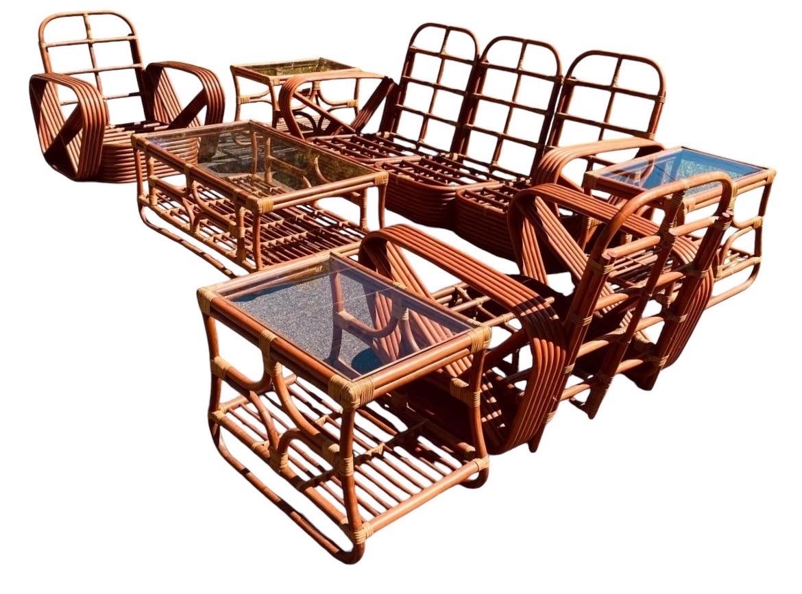 Gorgeous, immaculate Paul Frankl 5 strand set: 3 person sofa couch, 2 armchairs, 3 side tables and 1 coffee table. This set is vintage perfection at it’s finest!

DIMENSIONS 
3 seat sofa couch 
75L” x 30D” x 31H”

Armchair x 2
30.5L” x 30D” x