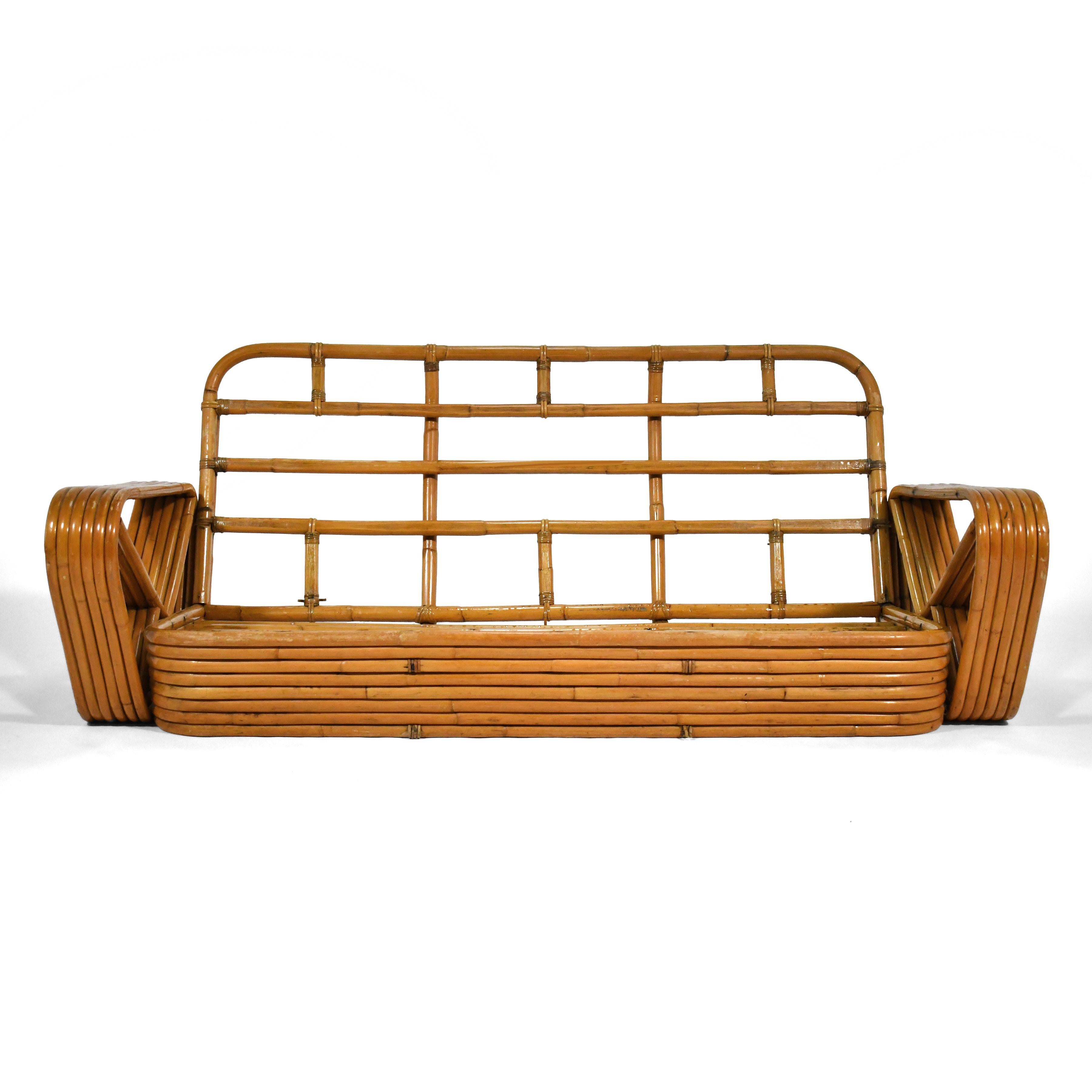 Mid-Century Modern Paul Frankl 6 Band Rattan Pretzel Arm Sofa