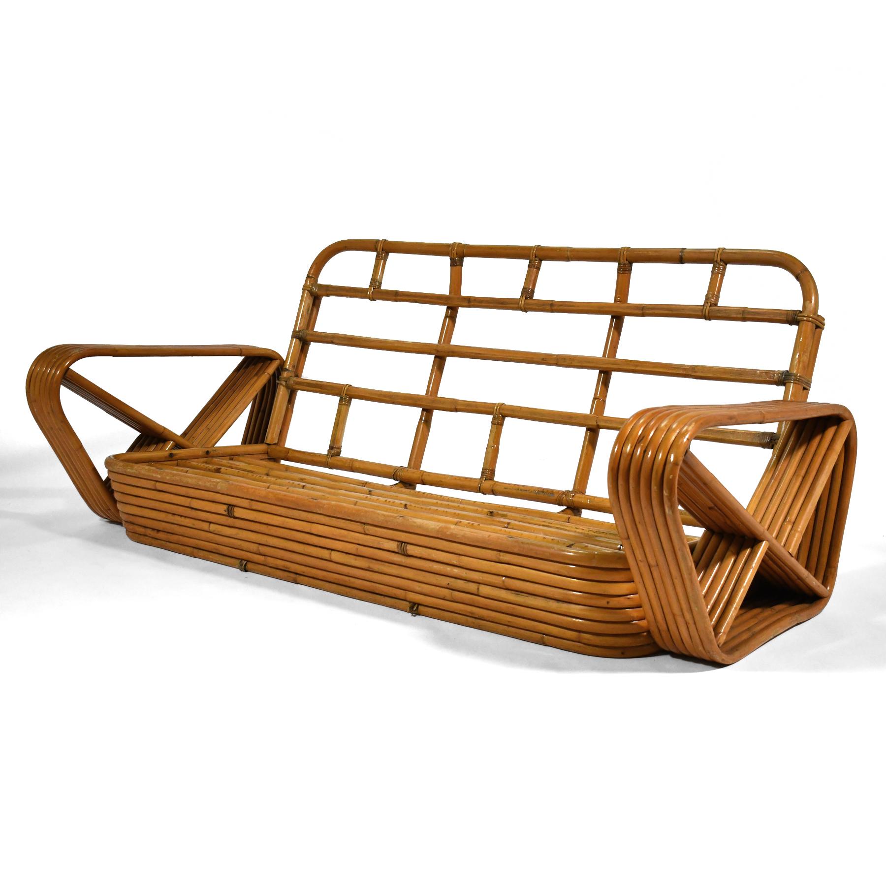 Taiwanese Paul Frankl 6 Band Rattan Pretzel Arm Sofa
