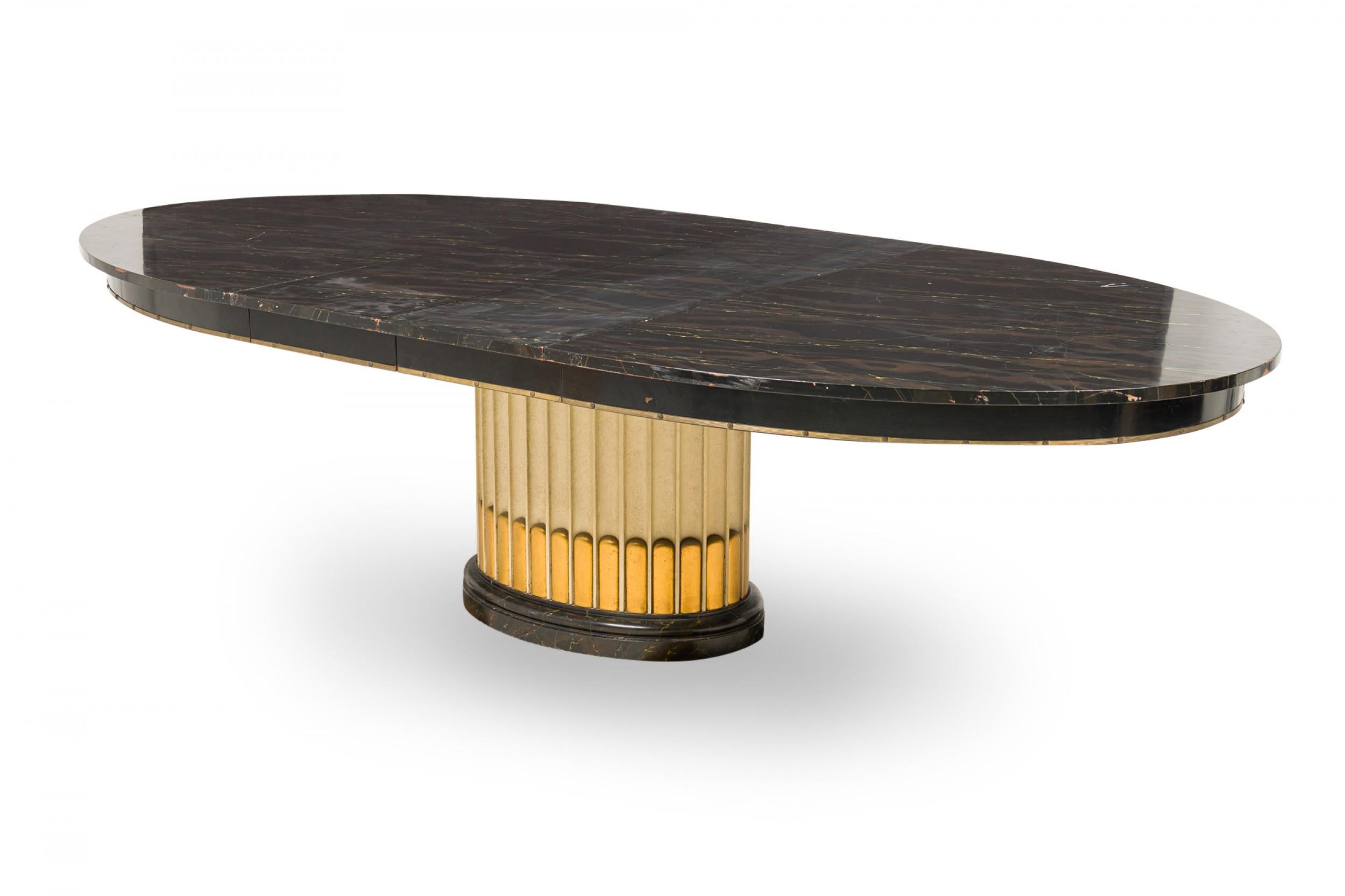20th Century Paul Frankl American Art Deco Oval Black Lacquer & Brass Extension Dining Table For Sale