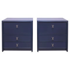 Comodini Paul Frankl in lacca blu con tiranti in nichel X 1950 (Firmato)