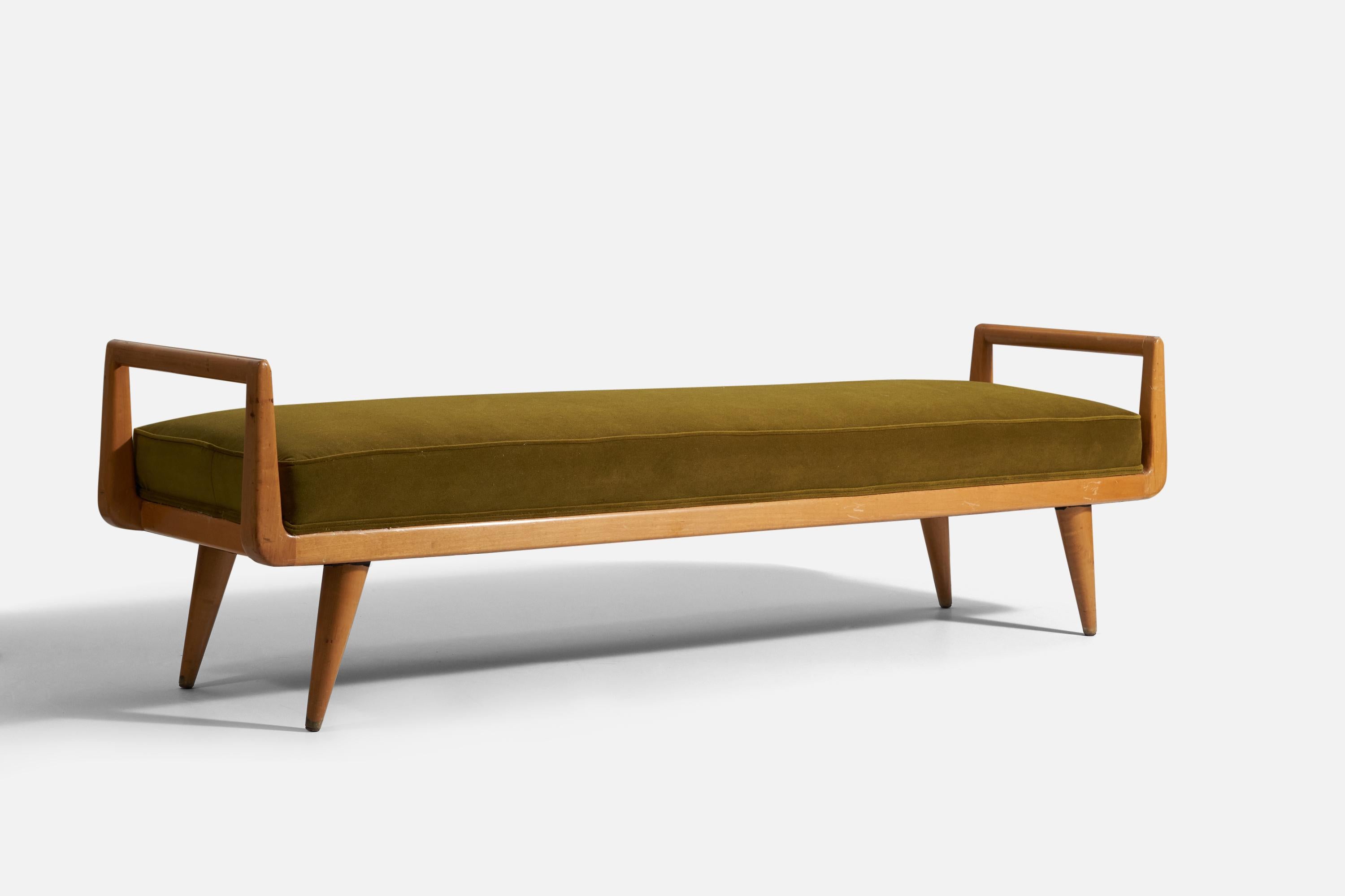 A bench designed by Paul Frankl for Johnson Furniture Company, Grand Rapids, Michigan, United States, 1950s. In solid wood and newly reupholstered in green velvet fabric.

