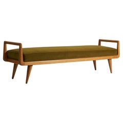 Paul Frankl, Bench, Green Velvet, Wood, Johnson Furniture United States 1950s