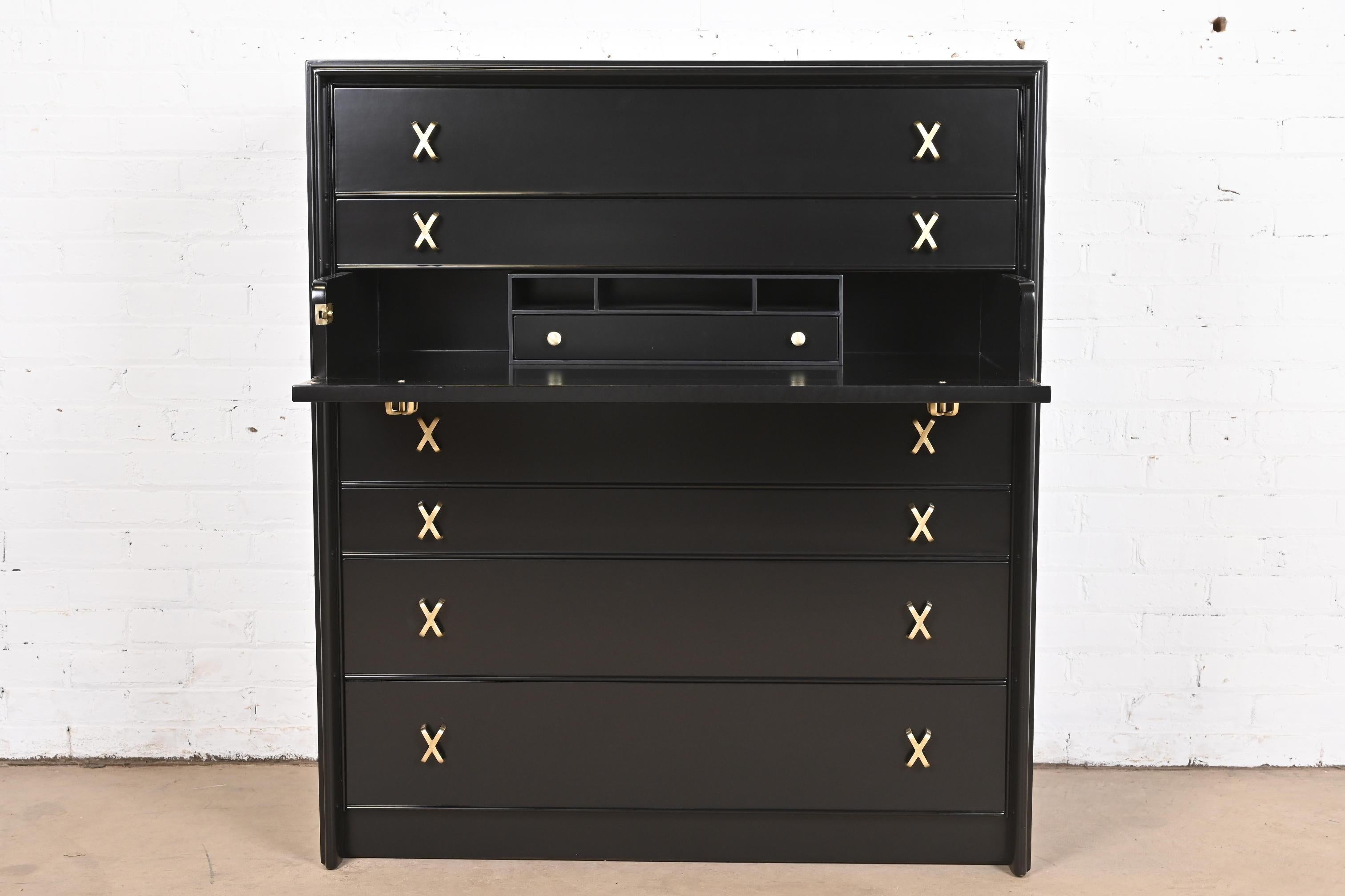 Paul Frankl Black Lacquered Highboy Dresser Chest With Drop Front Secretary Desk For Sale 3