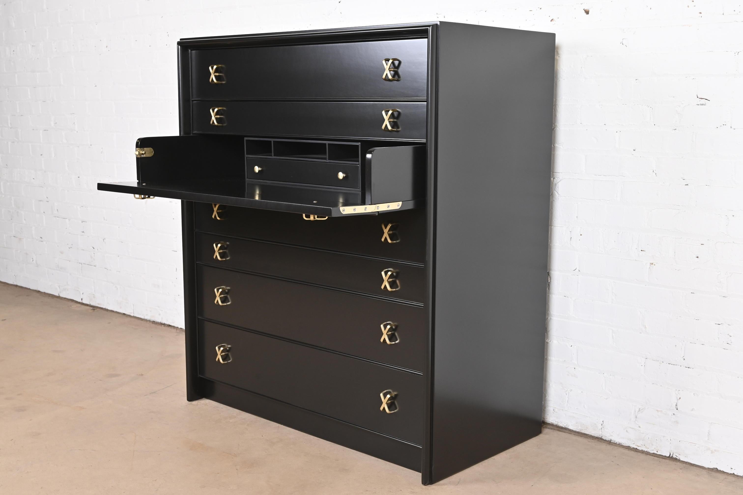 Paul Frankl Black Lacquered Highboy Dresser Chest With Drop Front Secretary Desk 5