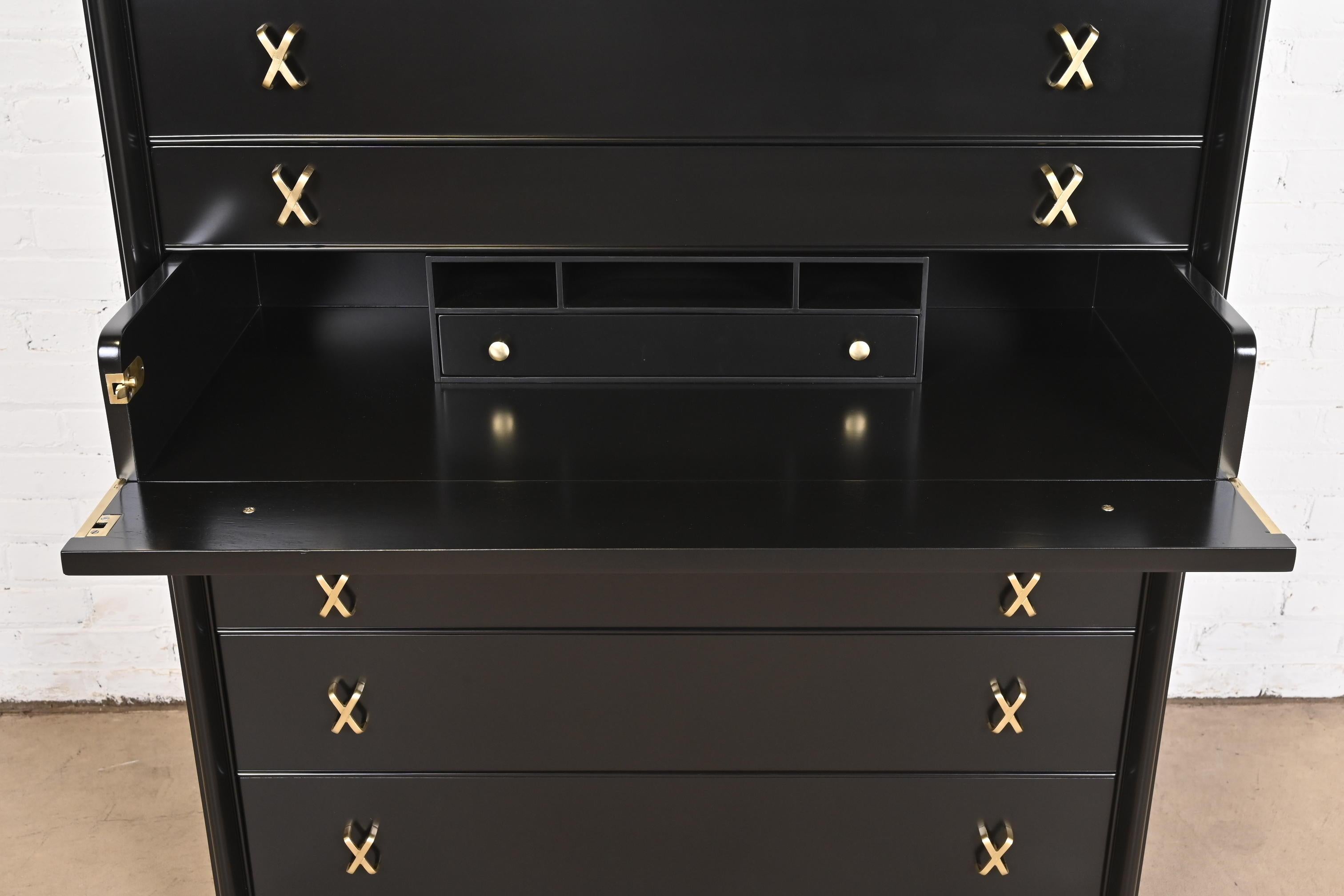 Paul Frankl Black Lacquered Highboy Dresser Chest With Drop Front Secretary Desk For Sale 7