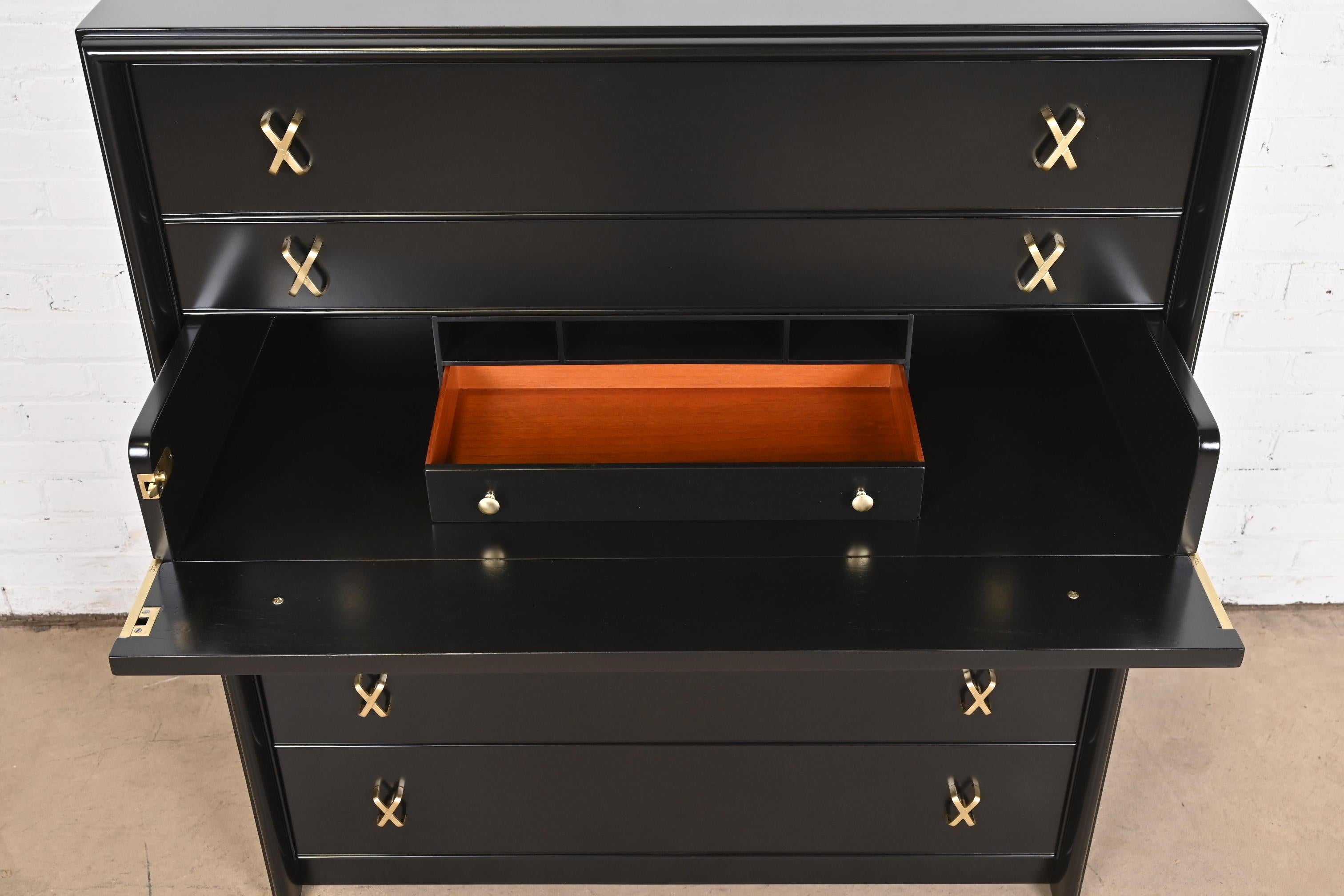 Paul Frankl Black Lacquered Highboy Dresser Chest With Drop Front Secretary Desk For Sale 8