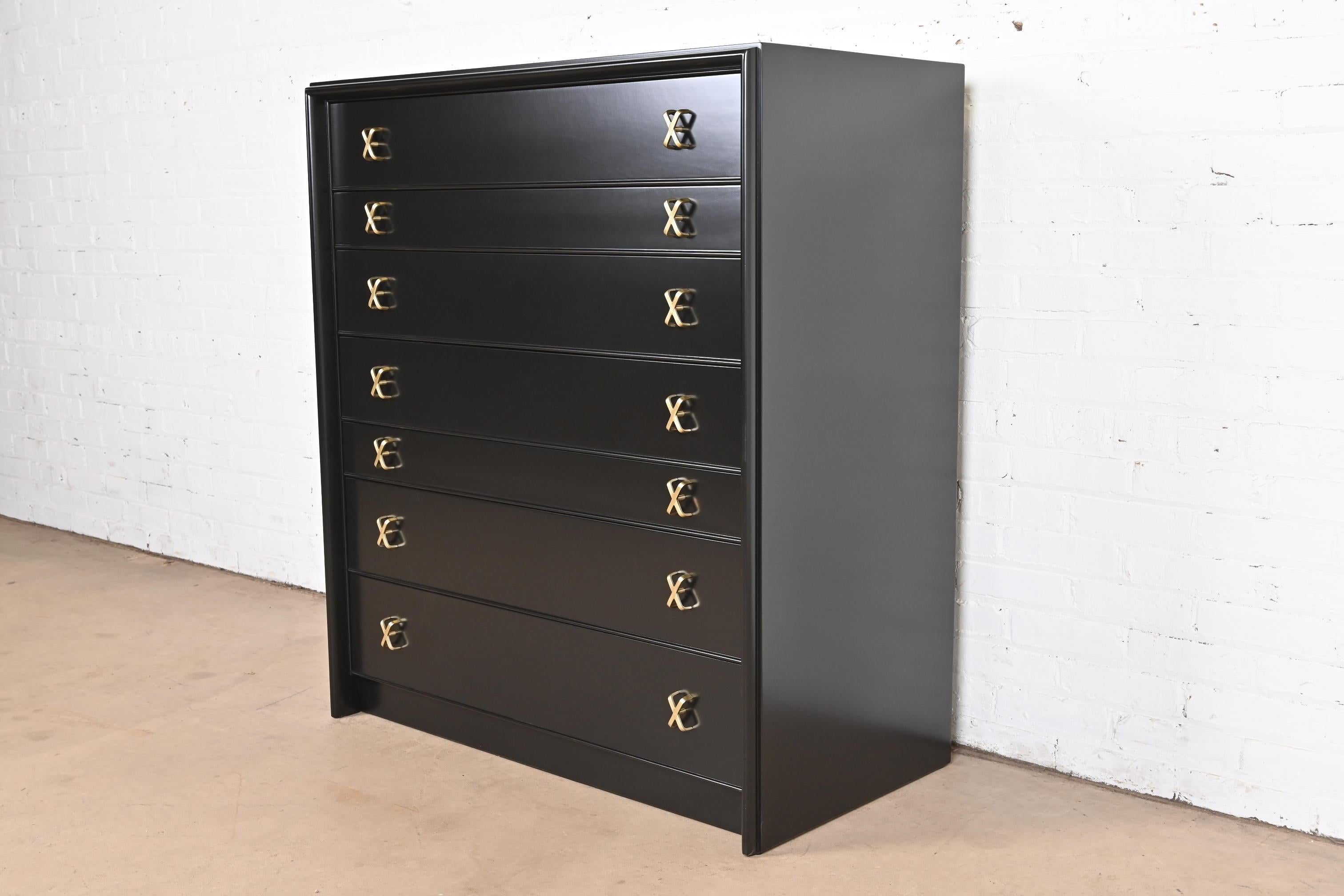 Mid-Century Modern Paul Frankl Black Lacquered Highboy Dresser Chest With Drop Front Secretary Desk
