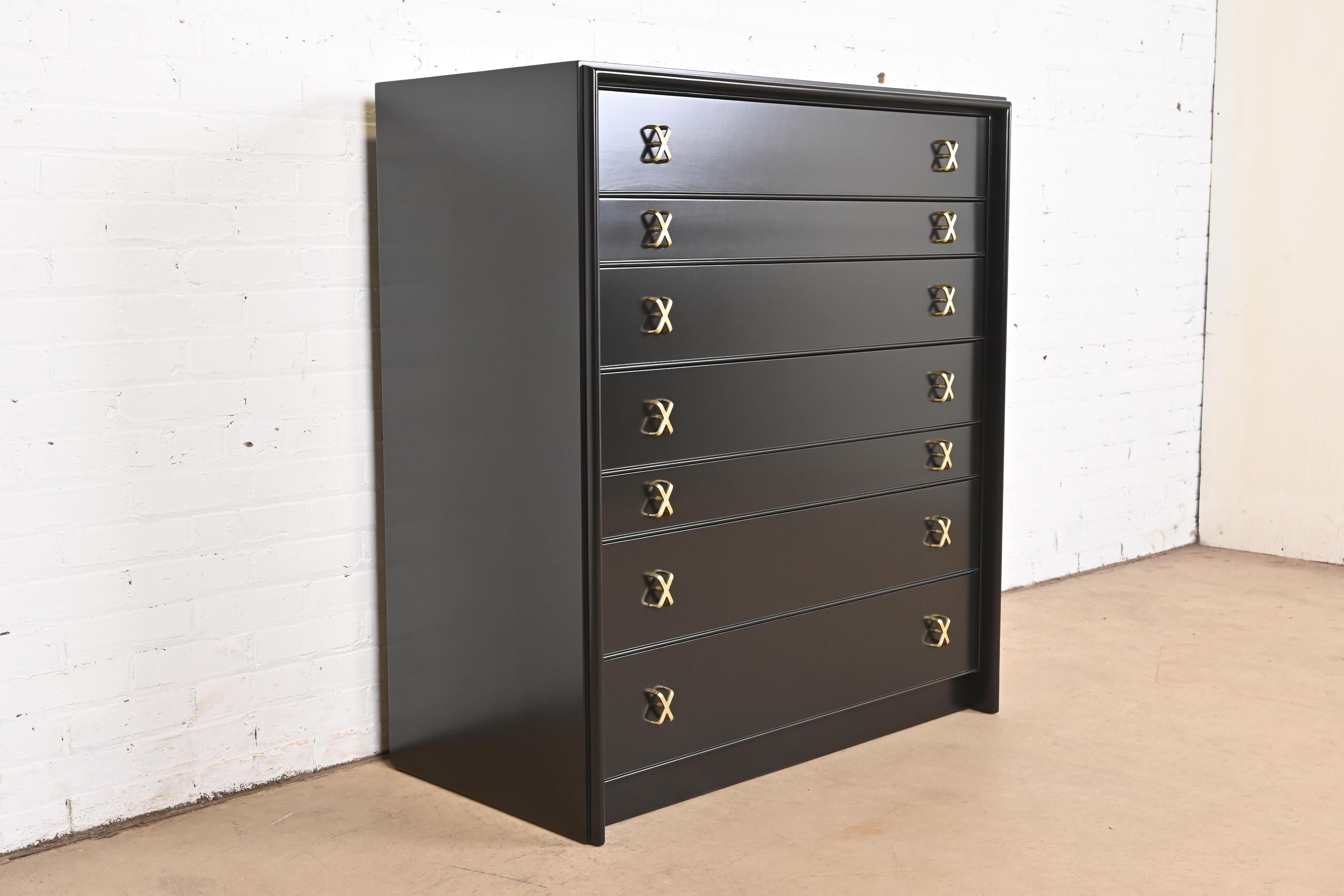 Paul Frankl Black Lacquered Highboy Dresser Chest With Drop Front Secretary Desk In Good Condition In South Bend, IN