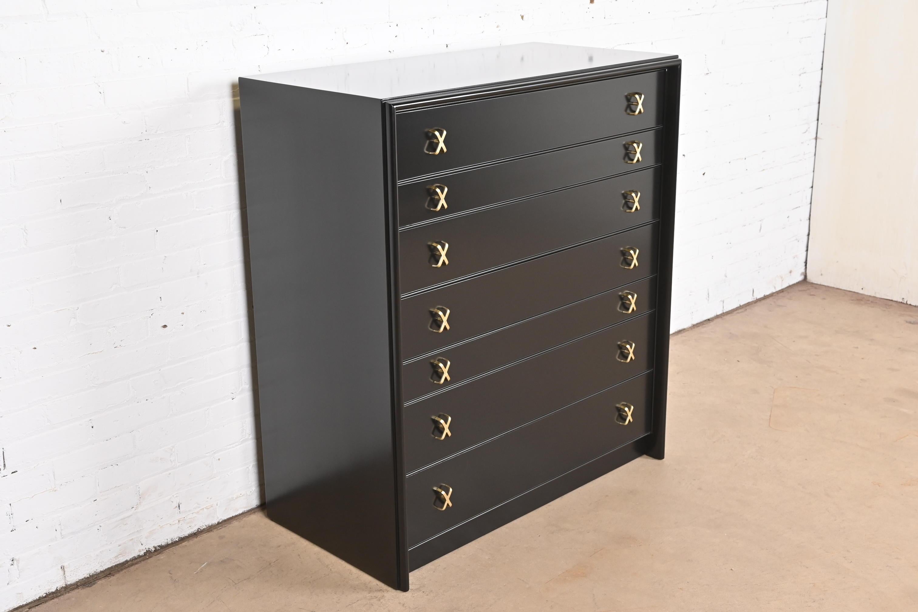 Mid-20th Century Paul Frankl Black Lacquered Highboy Dresser Chest With Drop Front Secretary Desk
