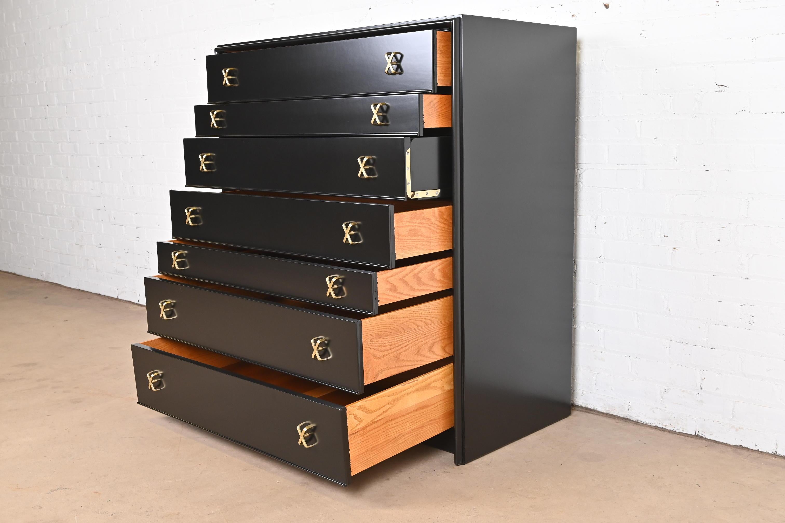Brass Paul Frankl Black Lacquered Highboy Dresser Chest With Drop Front Secretary Desk For Sale