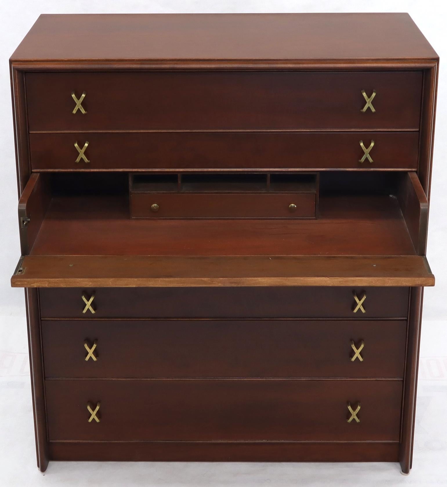 Paul Frankl Brass X-Pulls Brown Cherry High Chest with Drop Front Secretary For Sale 4