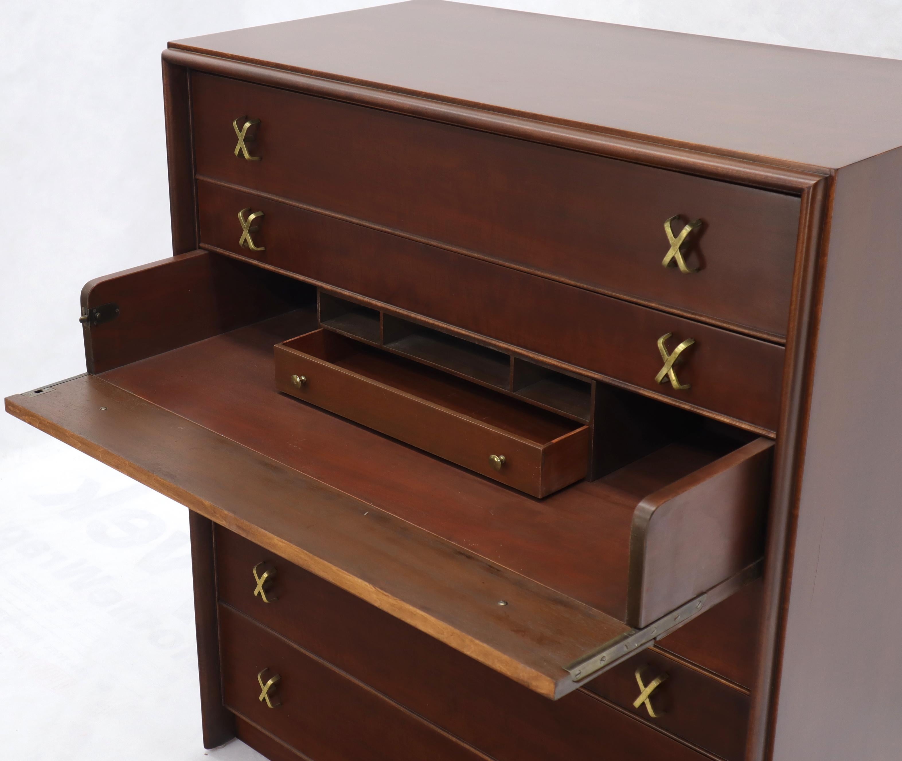 Mid-Century Modern Paul Frankl Brass X-Pulls Brown Cherry High Chest with Drop Front Secretary For Sale