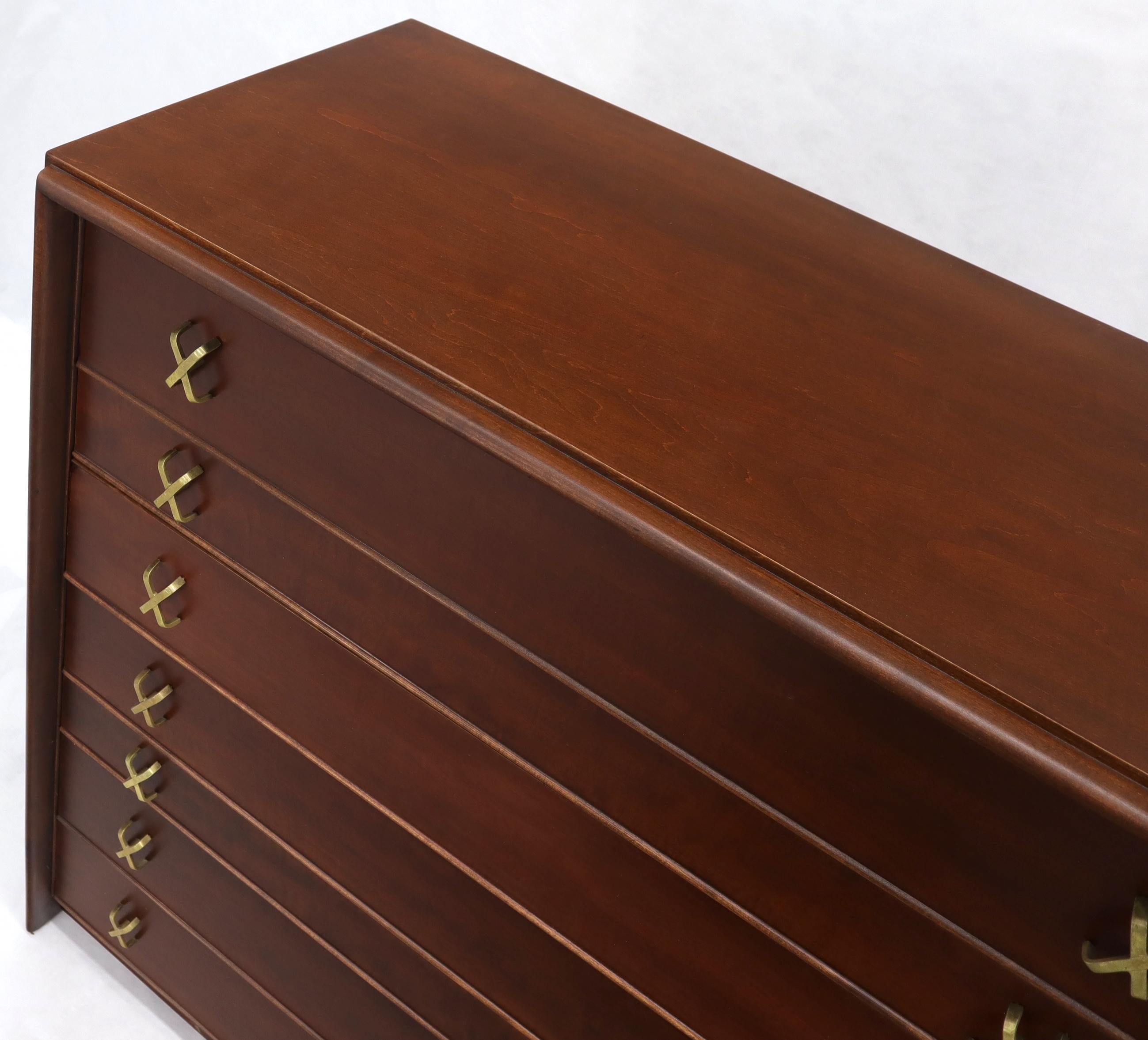 Lacquered Paul Frankl Brass X-Pulls Brown Cherry High Chest with Drop Front Secretary For Sale
