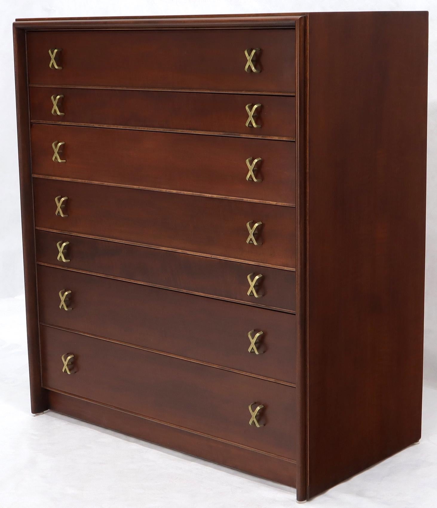 20th Century Paul Frankl Brass X-Pulls Brown Cherry High Chest with Drop Front Secretary For Sale