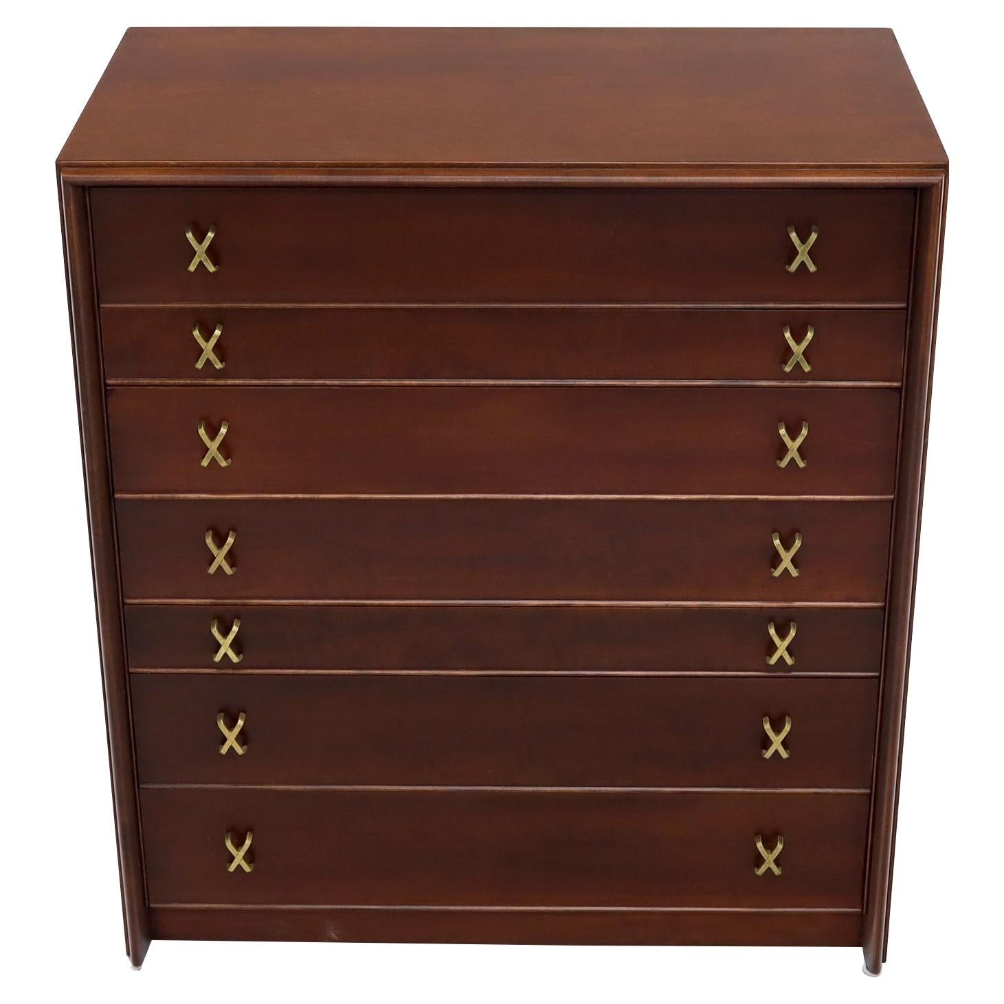 Paul Frankl Brass X-Pulls Brown Cherry High Chest with Drop Front Secretary For Sale
