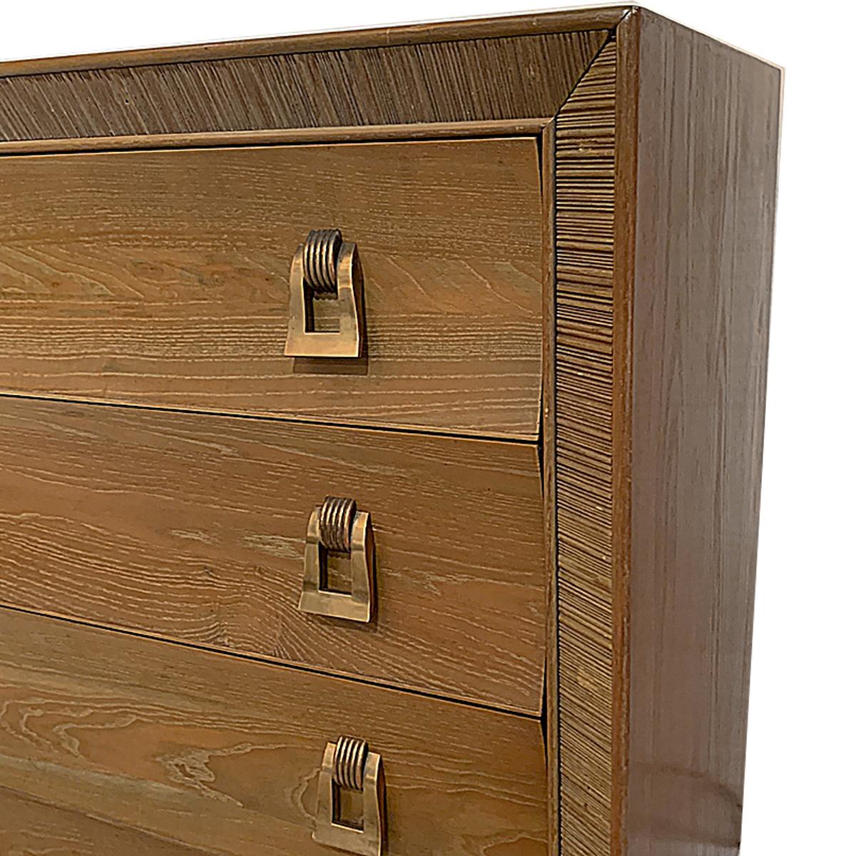 Mid-Century Modern Paul Frankl / Brown Saltman Cerused & Combed Oak w. Brass Pulls 8 Drawer Dresser