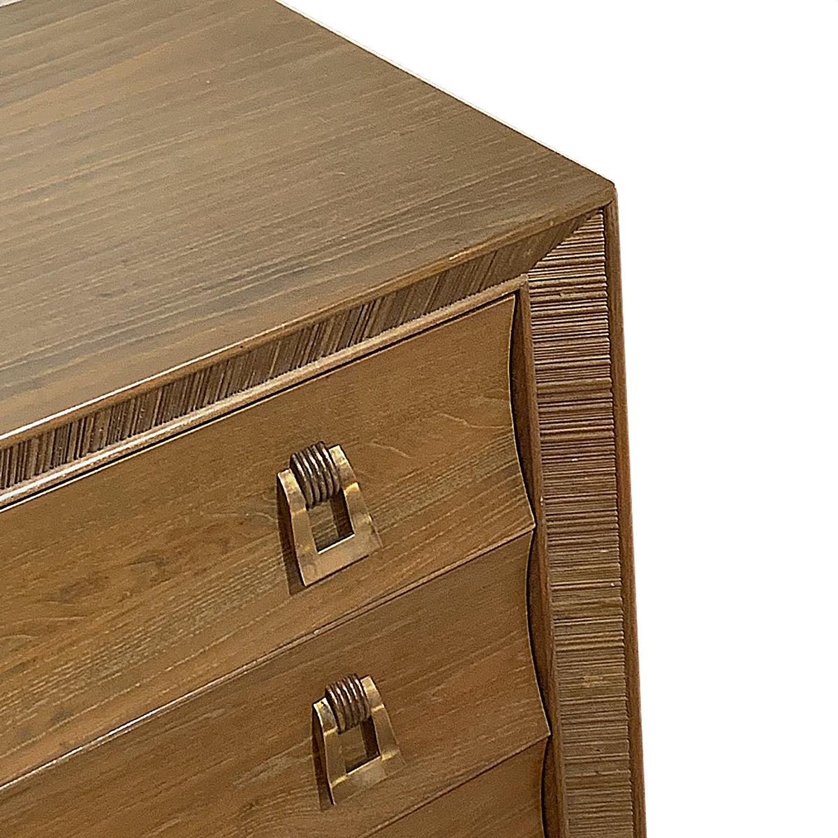 American Paul Frankl / Brown Saltman Cerused & Combed Oak w. Brass Pulls 8 Drawer Dresser