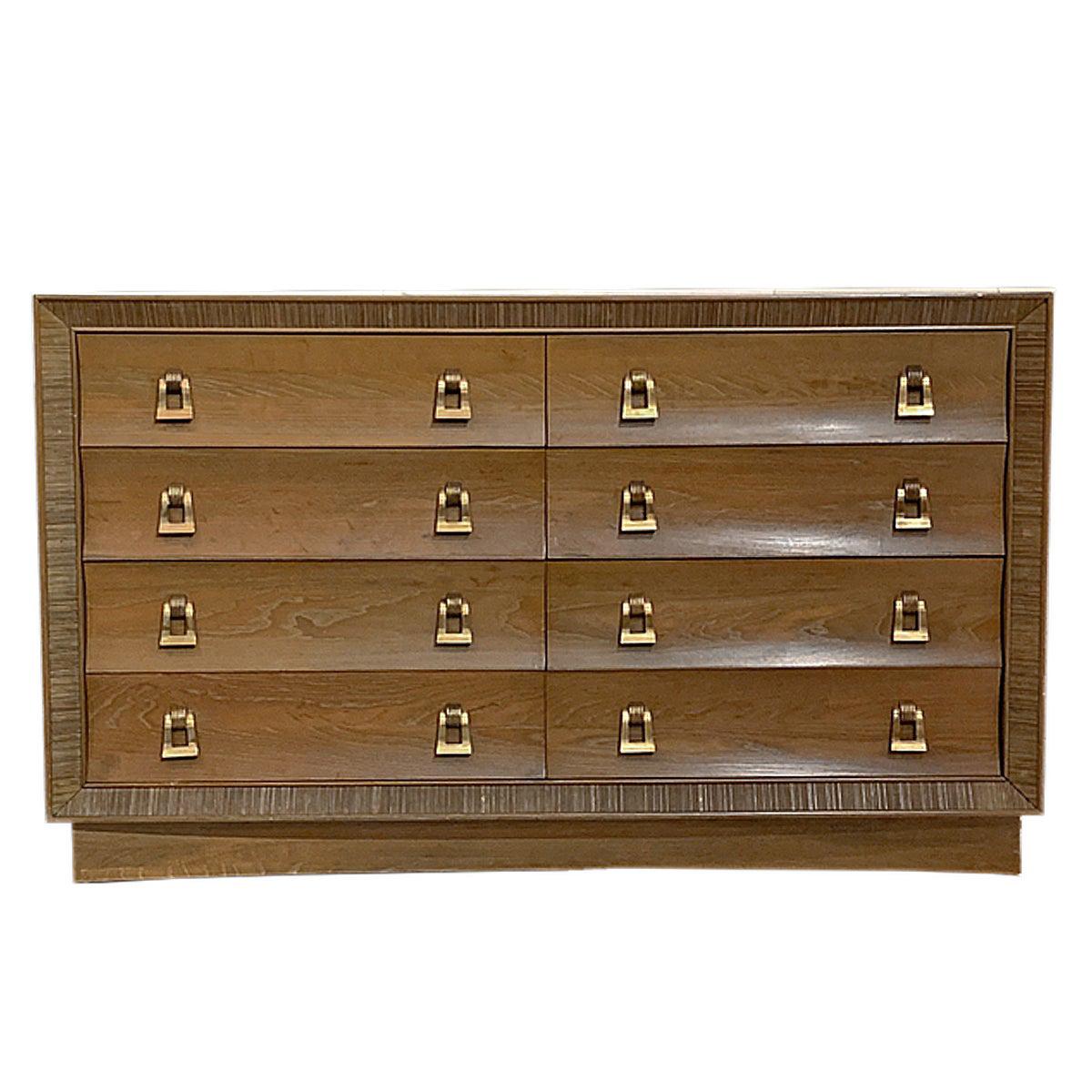Paul Frankl / Brown Saltman Cerused & Combed Oak w. Brass Pulls 8 Drawer Dresser