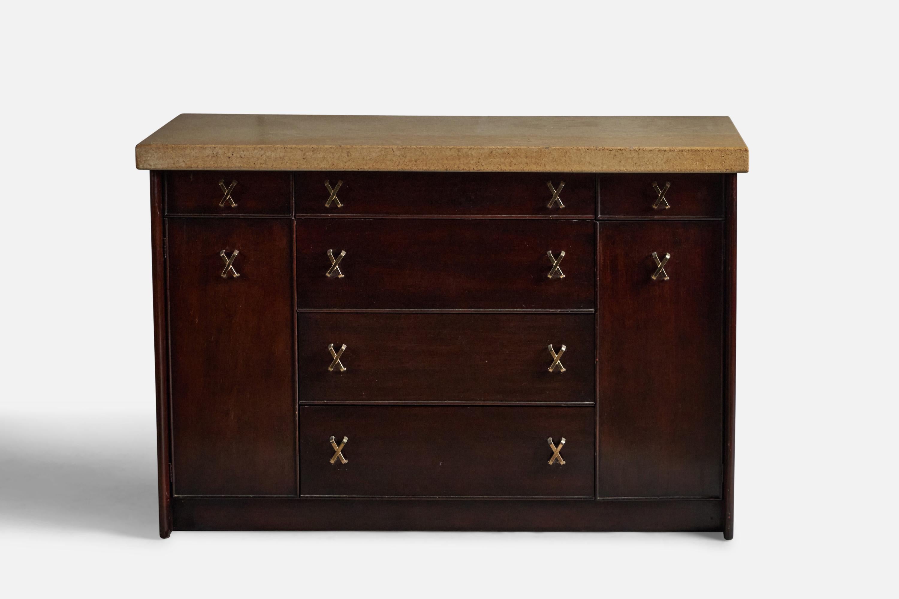 A dark-stained mahogany, brass and cork cabinet, designed by Paul Frankl and produced by Johnson Furniture Company, Grand Rapids, Michigan, USA, c. 1950s.
