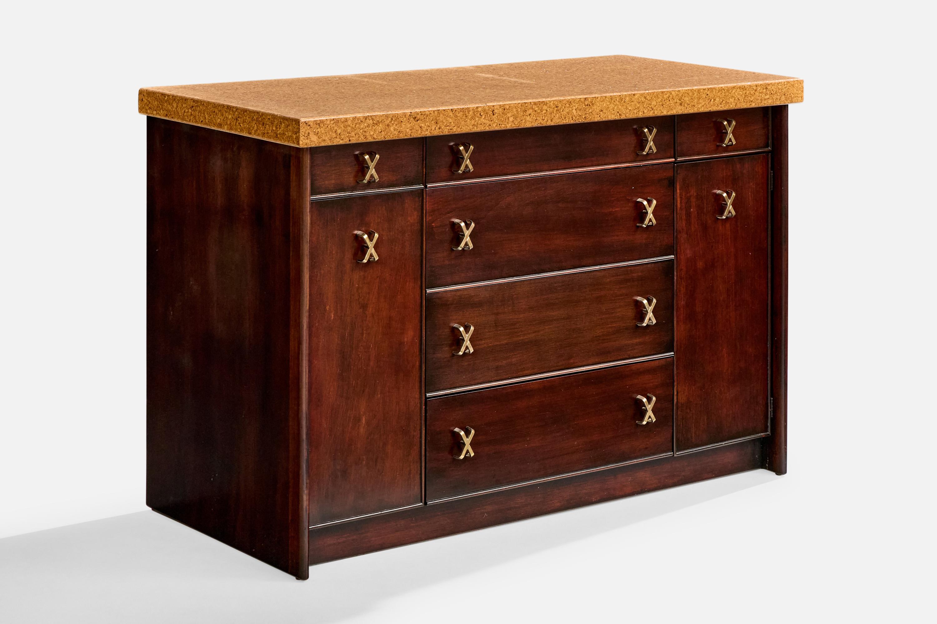 Armario de caoba teñida de oscuro, latón y corcho, diseñado por Paul Frankl y fabricado por Johnson Furniture Company, Grand Rapids, Michigan, EE.UU., c. 1950.

Dimensiones totales (pulgadas): 36,05