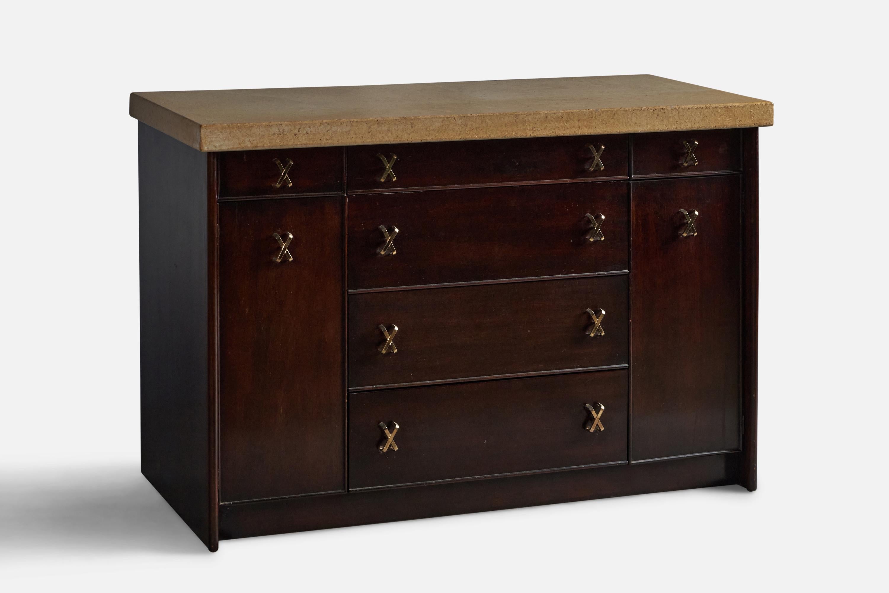 Mid-Century Modern Paul Frankl, Cabinet, Mahogany, Brass, Cork, USA, 1950s For Sale