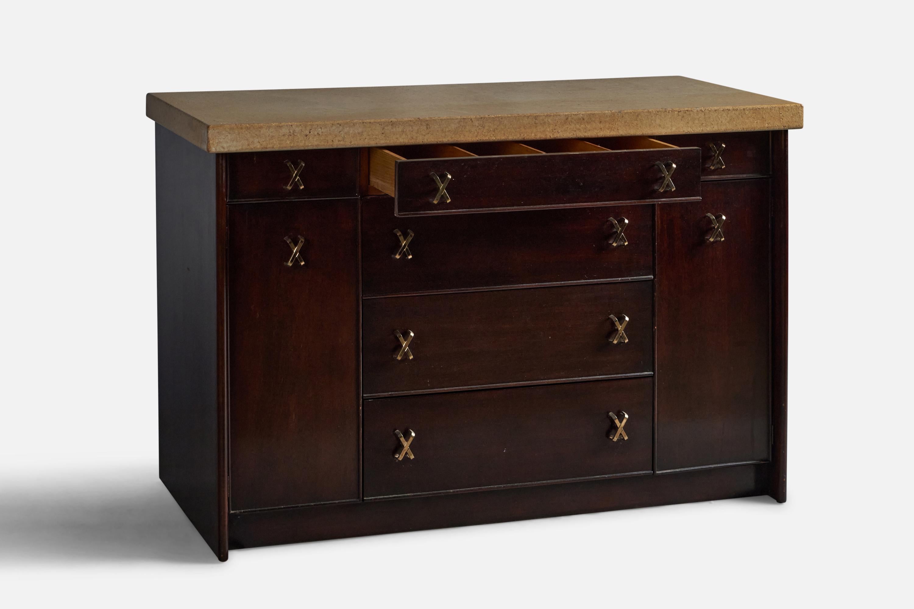 American Paul Frankl, Cabinet, Mahogany, Brass, Cork, USA, 1950s For Sale