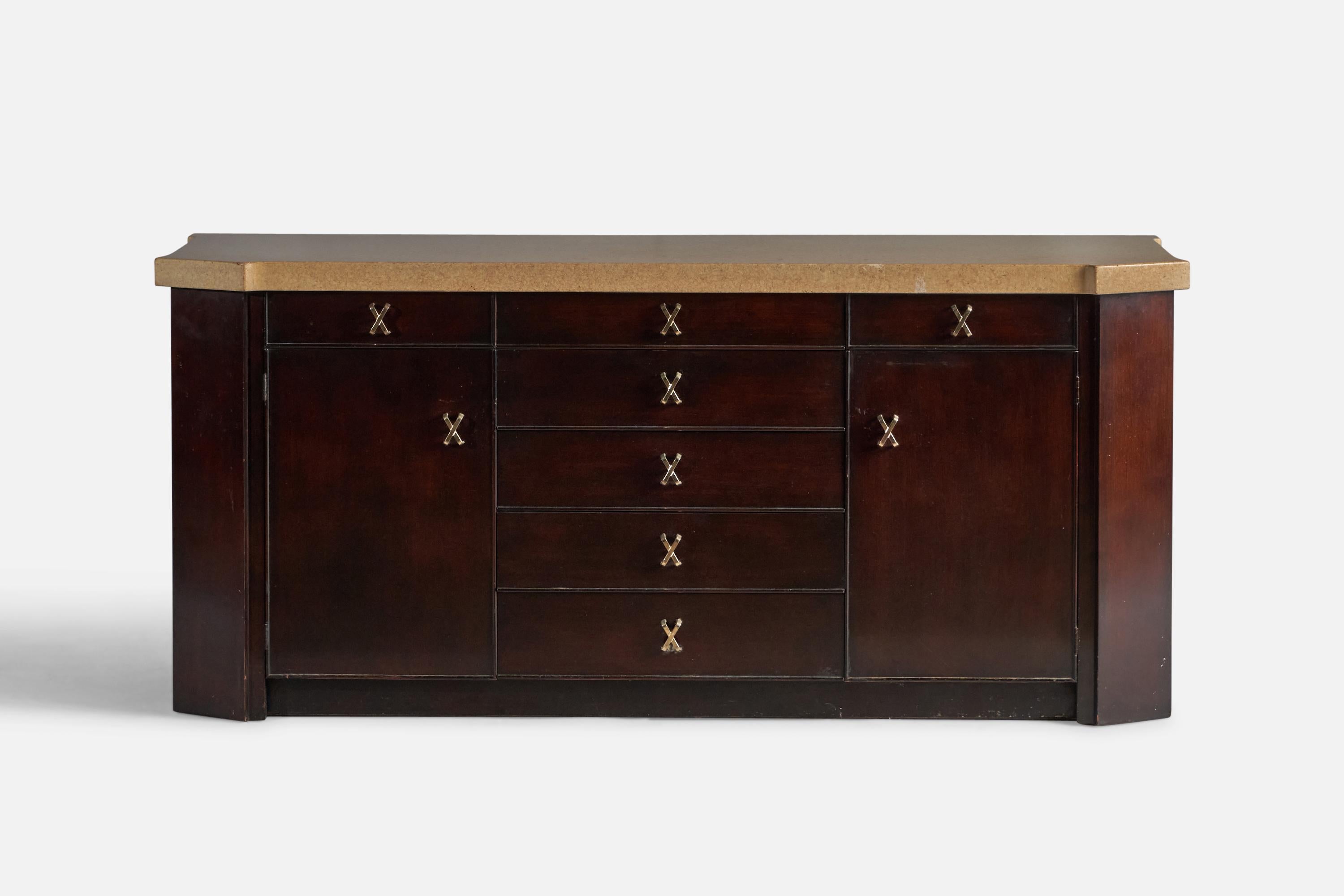 A stained mahogany, brass and beige-lacquered cork cabinet, designed by Paul Frankl and produced by Johnson Furniture Company, Grand Rapids Michigan, USA, 1950s.