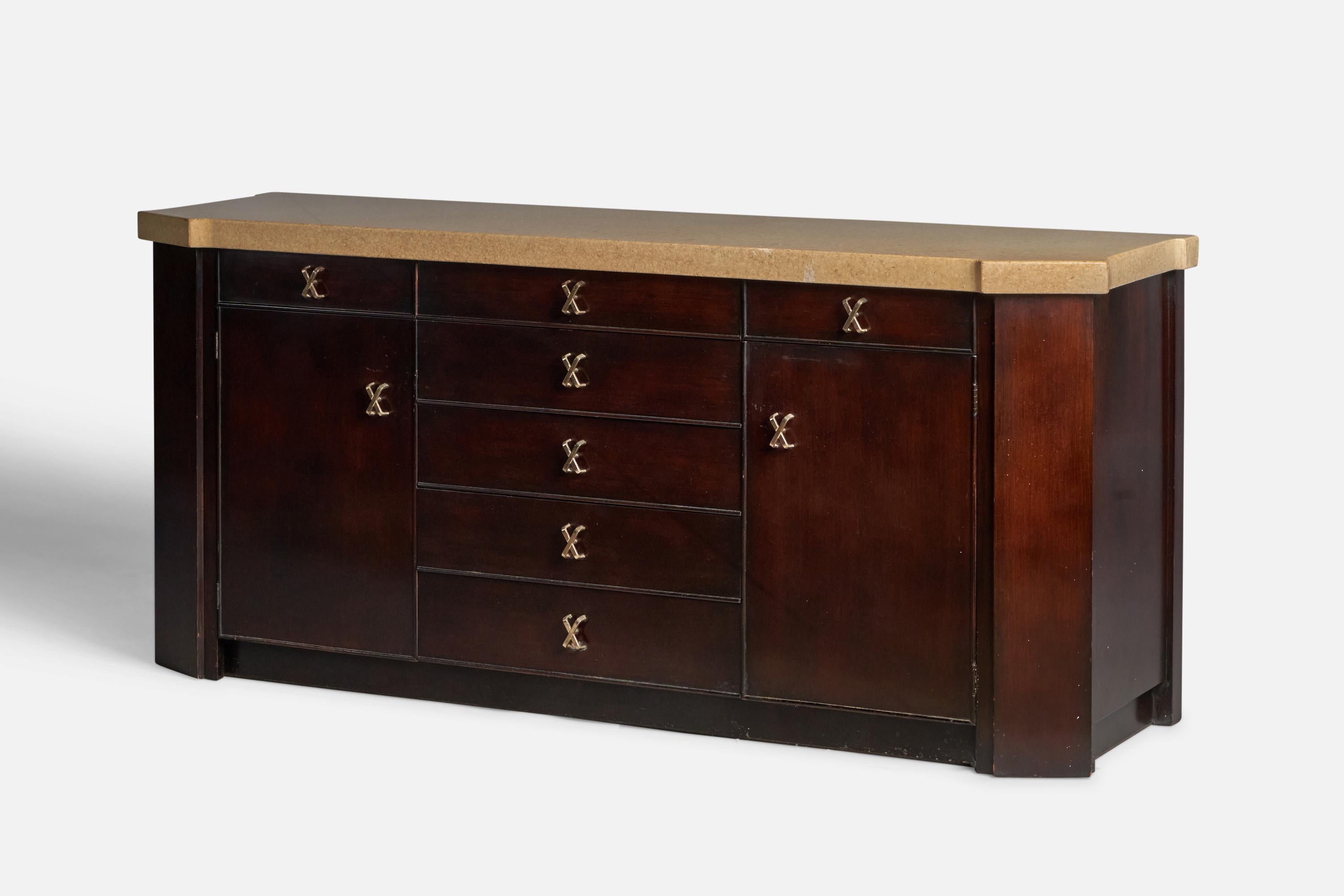Mid-Century Modern Paul Frankl, Cabinet, Mahogany, Cork, Brass, USA, 1950s For Sale