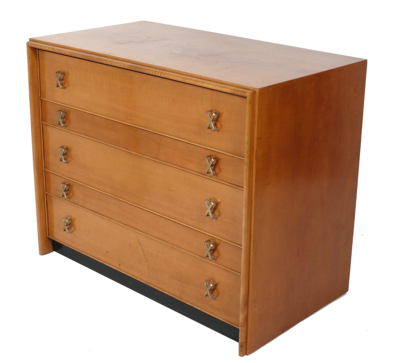 Elegant Chest designed by Paul Frankl for Johnson Furniture, American, circa 1950s. It is currently being refinished and can be completed in your choice of color. The hardware is a matte nickel. It is a versatile size and can be used as a chest or