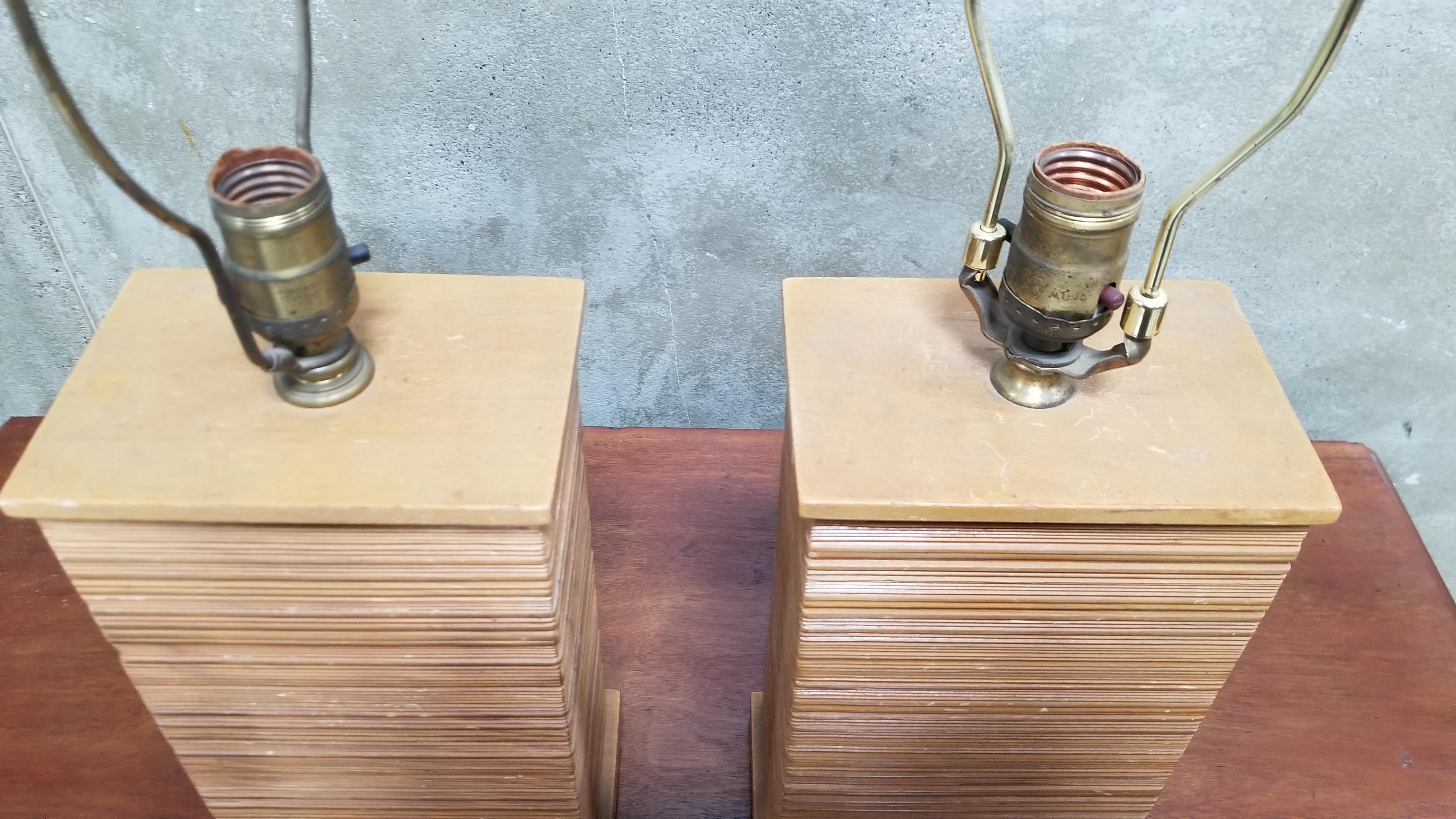 Wood Paul Frankl Combed Fir Table Lamps, a Pair