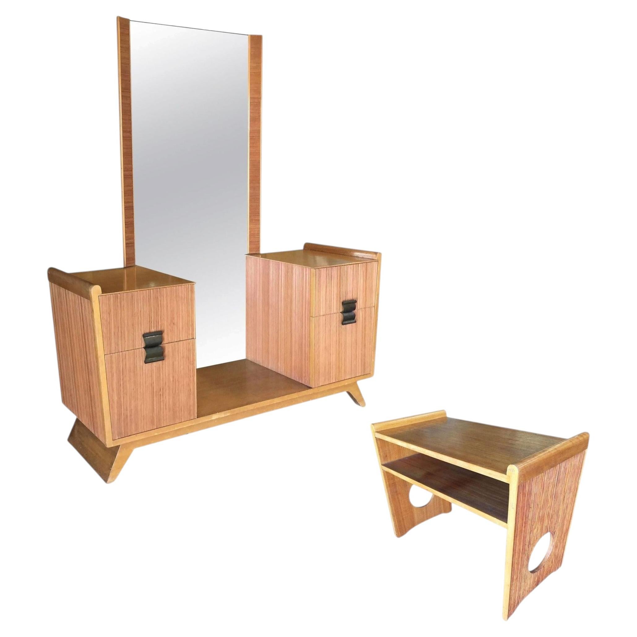 Tocador de madera peinada Paul Frankl con taburete para Brown Saltman en venta
