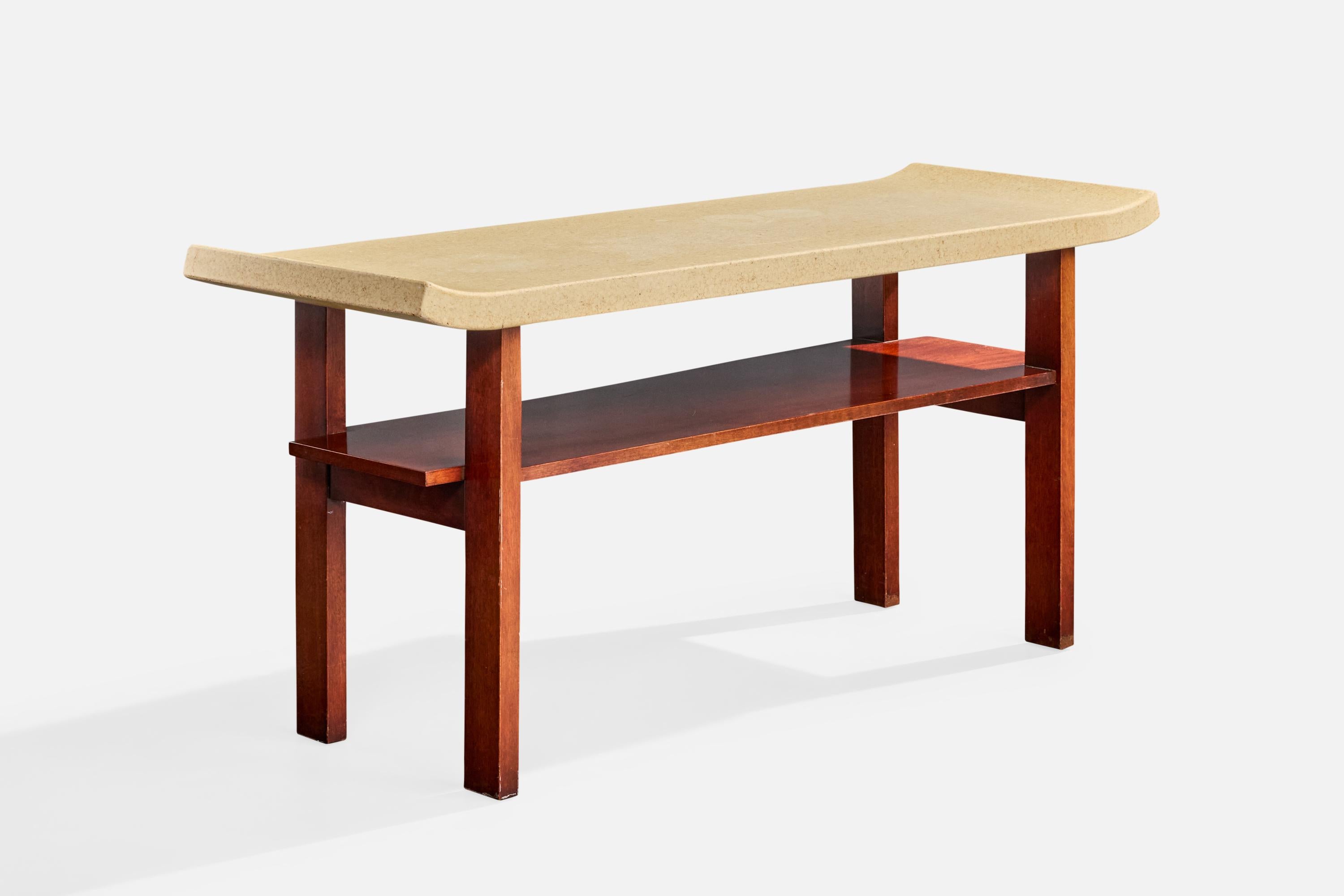 A mahogany and lacquered cork console table designed by Paul Frankl and produced by Johnson Furniture Company, USA, 1950s

Multiple water rings present.

The tabletop presents with a .95” long black mark.

Overall Dimensions (inches): 29.125