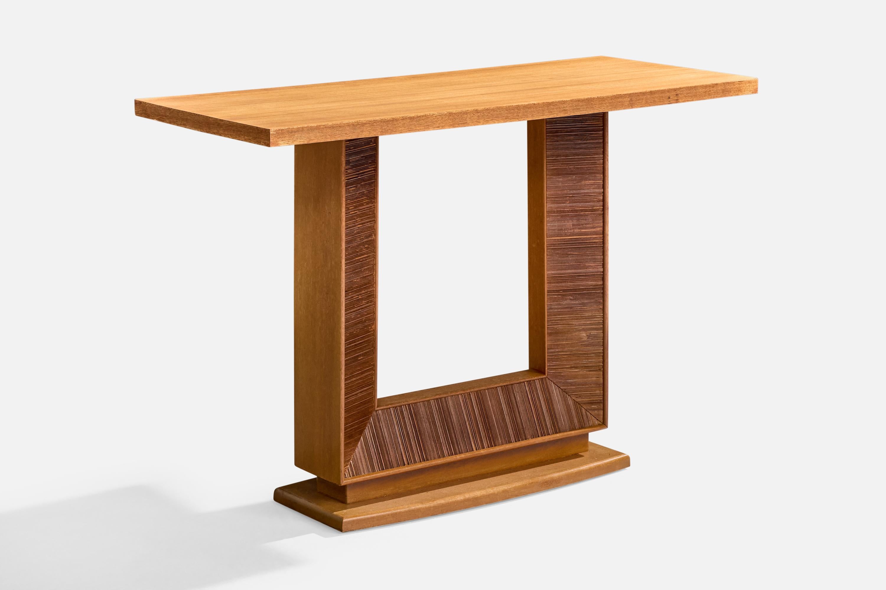 Table console en bois fabriquée par Brown Saltman, États-Unis, années 1950. Dessin attribué à Paul Frankl, 

Dimensions globales (pouces) : 29.375 