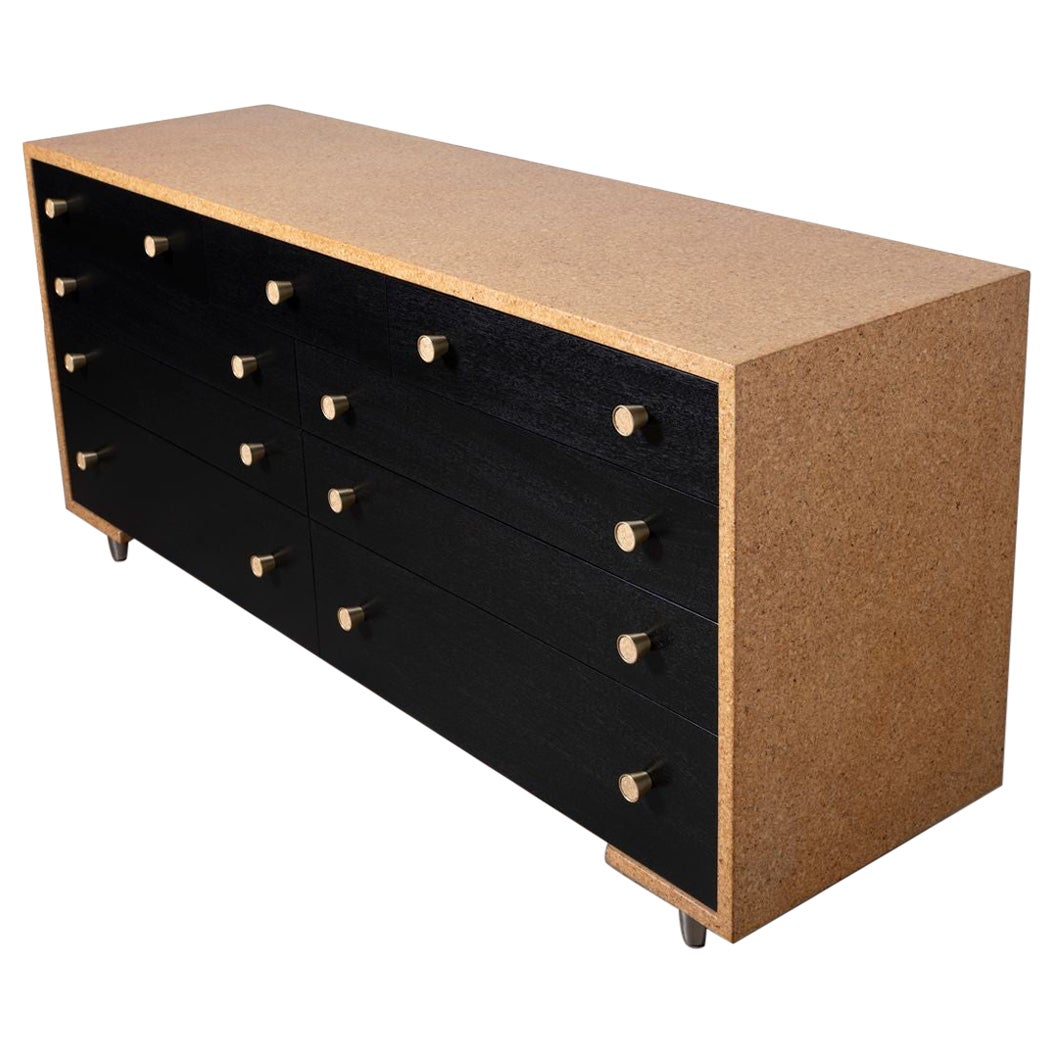 Paul Frankl Cork & Black Lacquer 9-Drawer Dresser with Brass Hardware 1950s