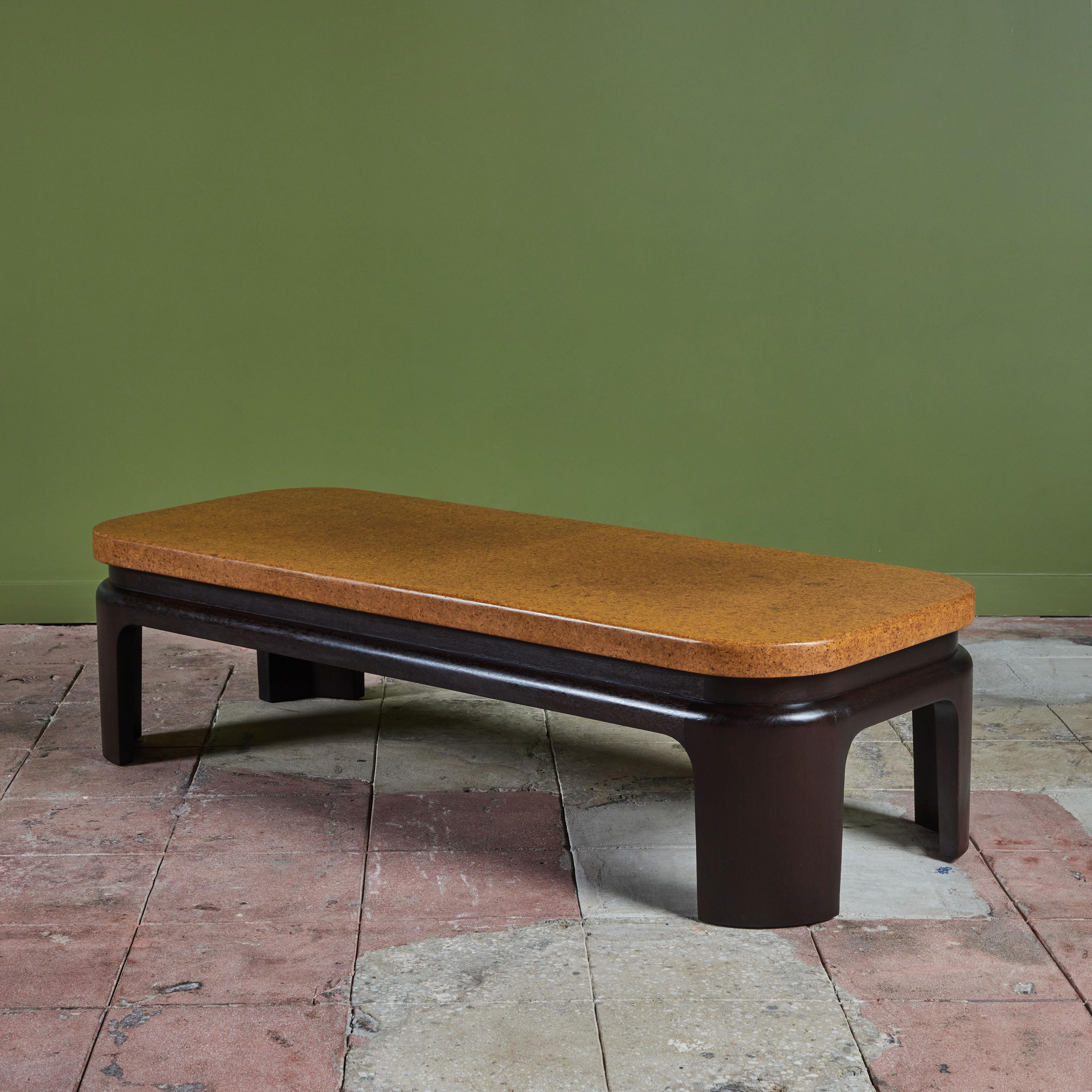 Paul Frankl’s cork furniture pieces are among his longest-lasting contributions to American modernism and are highly sought after to this day. This rare example cork top coffee table designed for and produced by Johnson Furniture Co has gone through