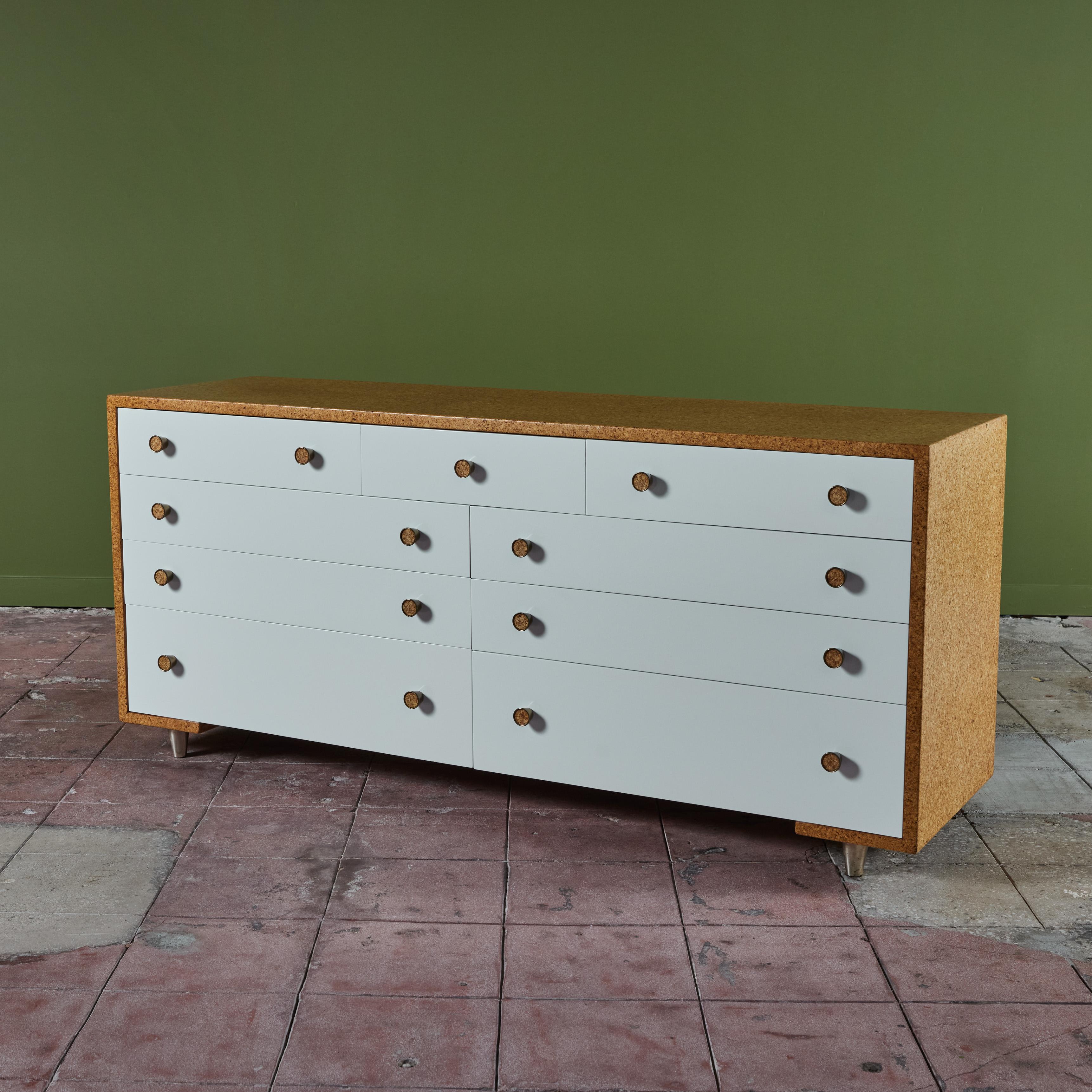 Paul Frankl’s cork furniture pieces are among his longest-lasting contributions to American modernism and are highly sought after to this day. This example, a cork top waterfall edge dresser designed for and produced by Johnson Furniture Co has gone