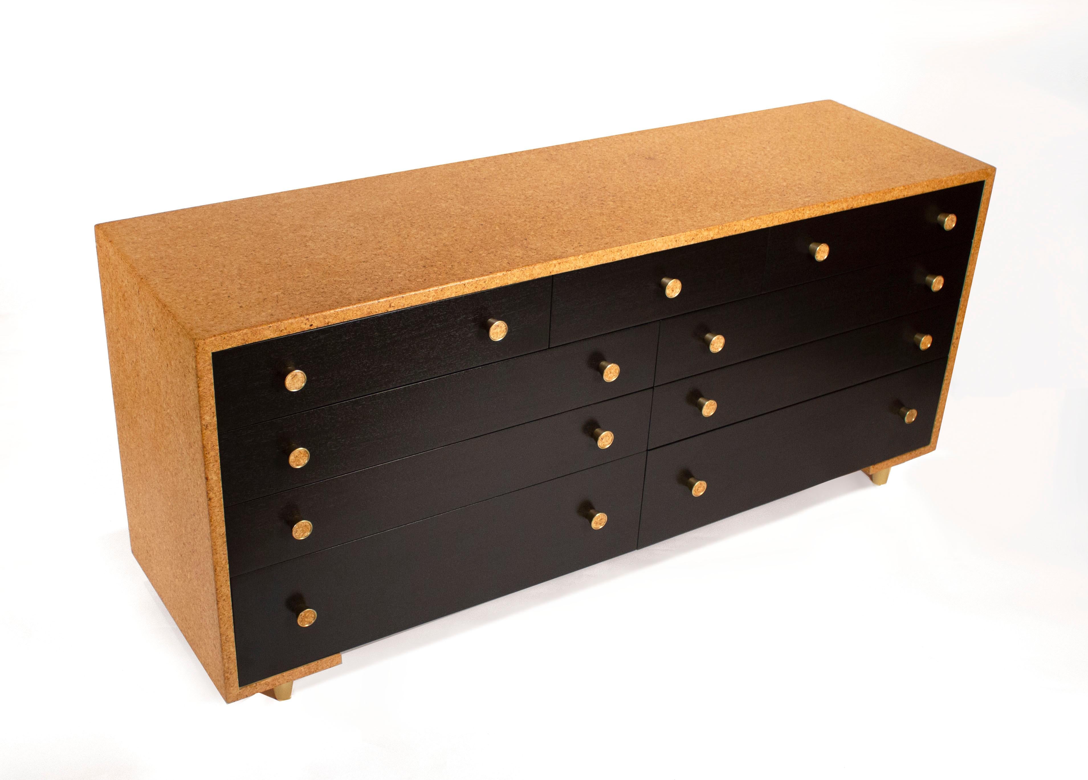Mid-Century Modern Paul Frankl Cork Dresser with 9-Drawers with Solid Brass Pulls Johnson Furniture