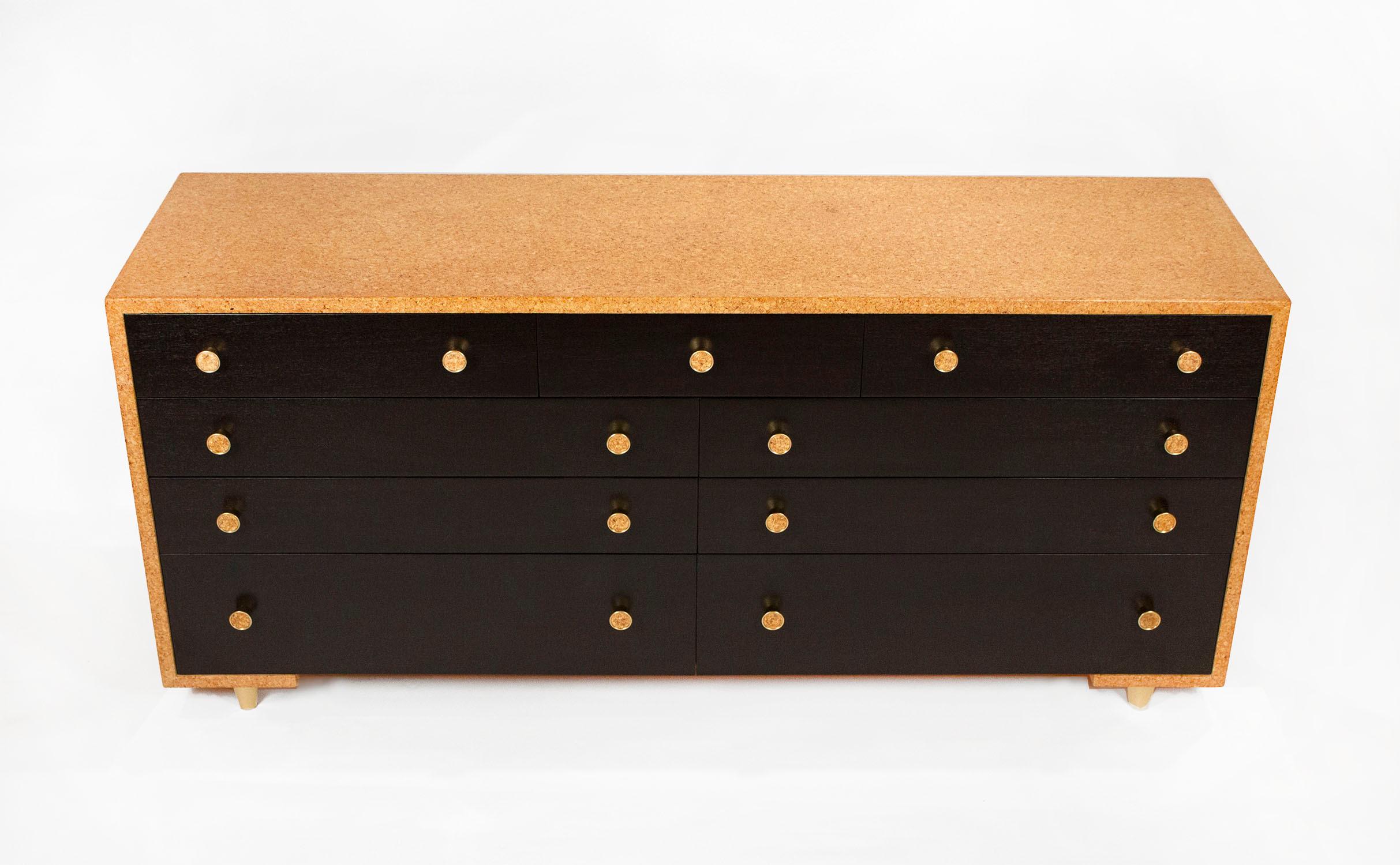 Paul Frankl Cork Dresser with 9-Drawers with Solid Brass Pulls Johnson Furniture In Excellent Condition In Dallas, TX