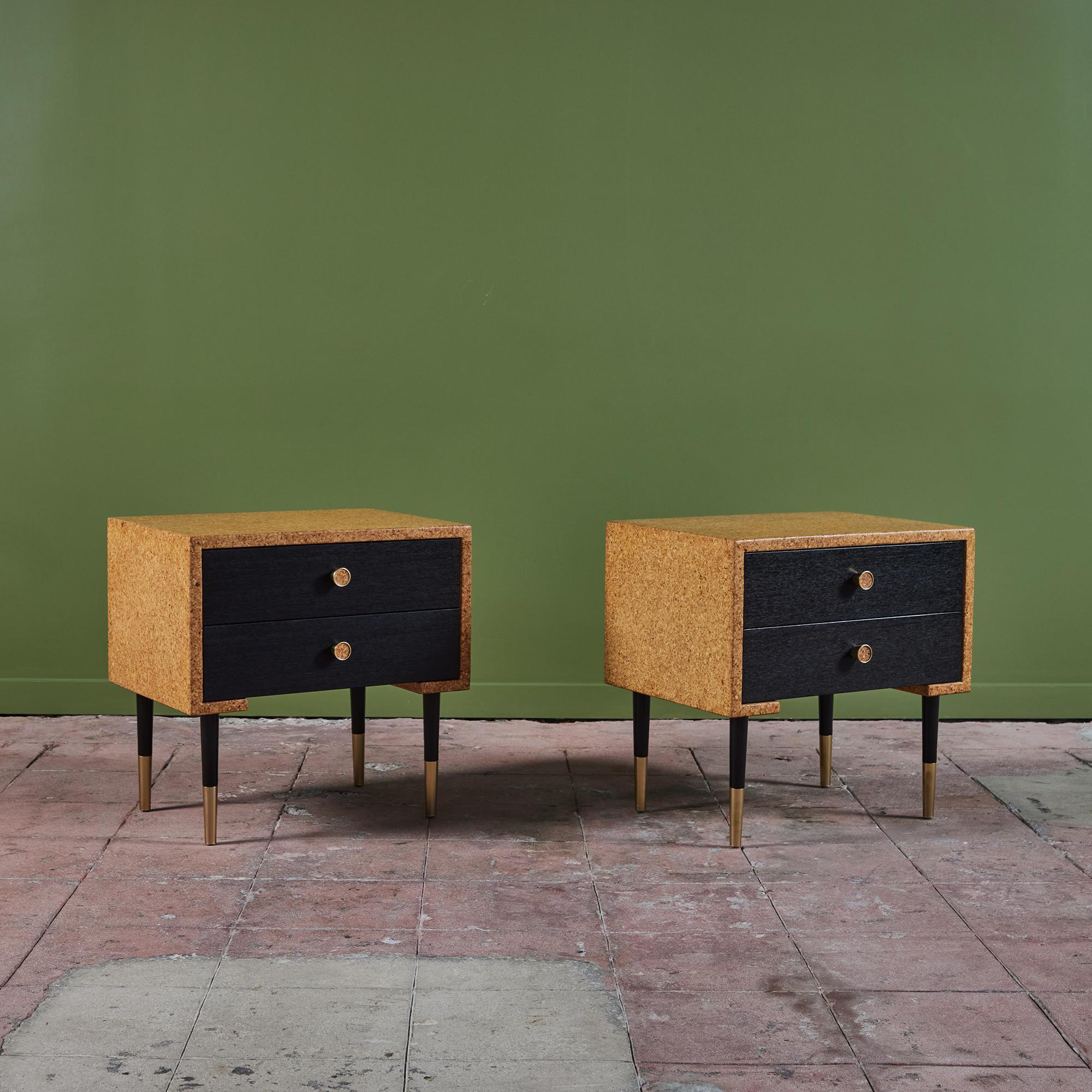 Paul Frankl’s cork furniture pieces are among his longest-lasting contributions to American modernism and are highly sought after to this day. This example, a pair of cork top waterfall edge nightstands designed for and produced by Johnson Furniture