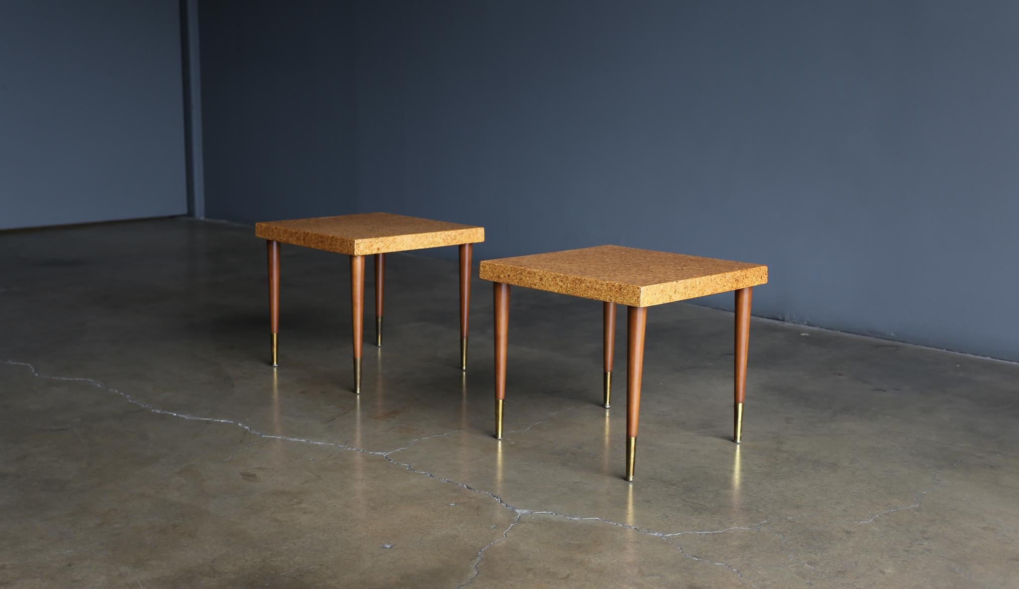 Brass Paul Frankl Cork Side Tables for Johnson Furniture Company, circa 1950