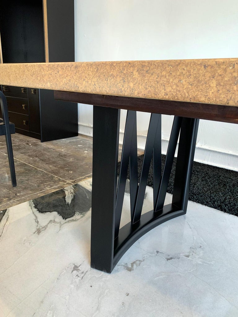 Paul Frankl Cork Top Dining Table with Ebonized Frame and 2 Leaves at