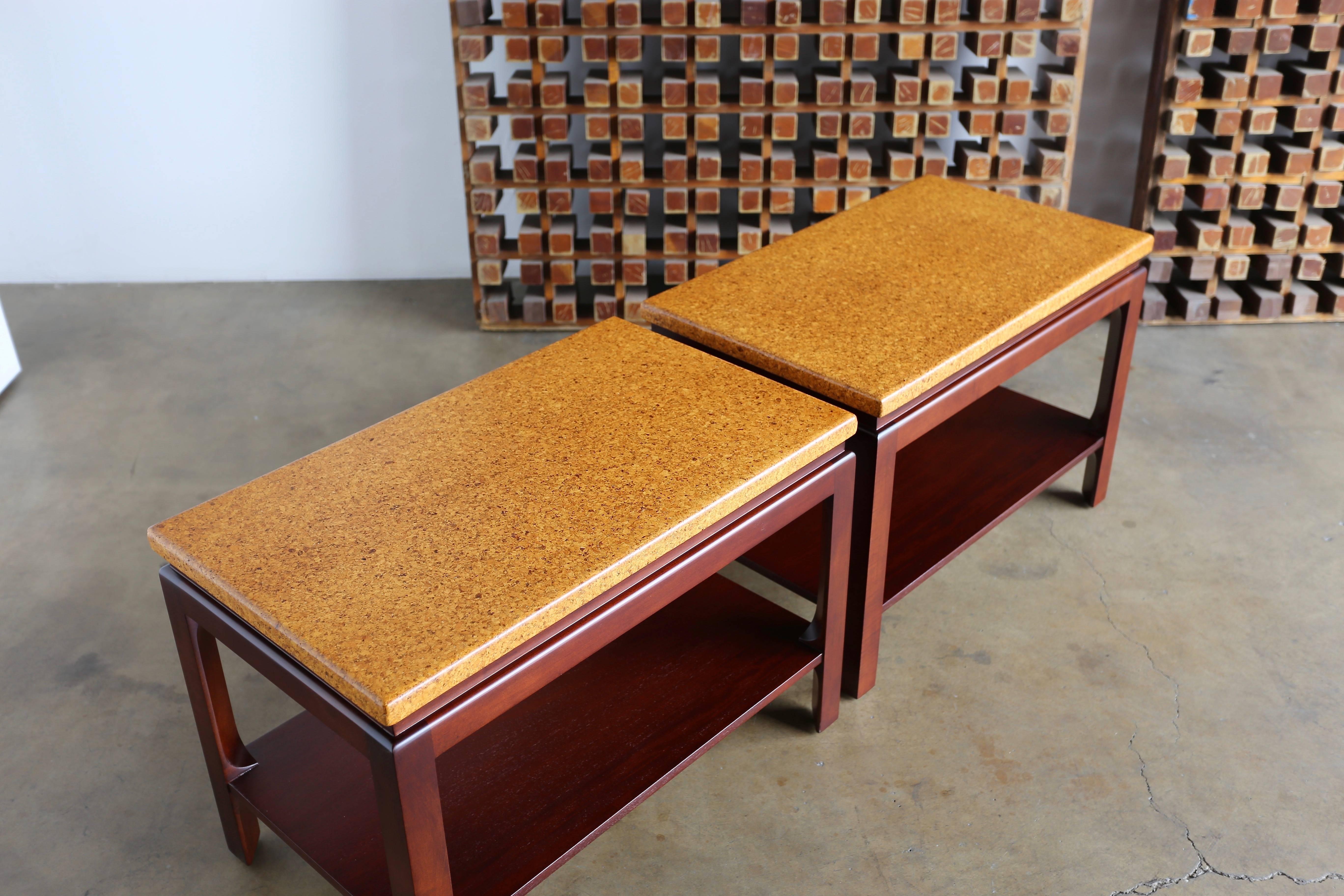 Pair of Paul Frankl cork top end tables for Johnson Furniture. This pair has been professionally restored.