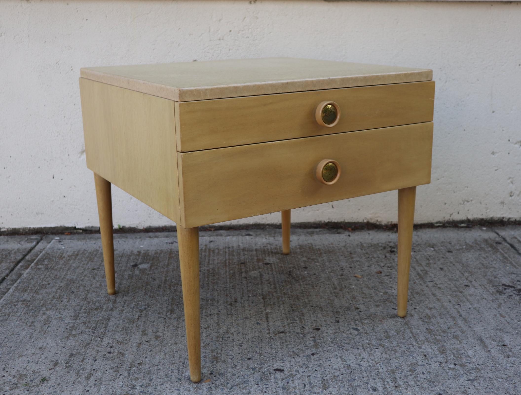 Paul Frankl cork top side table or nightstand. In good condition with normal wear. Square top on slightly tapered legs. Sturdy with fully functioning drawers. Original brass pulls in excellent condition.