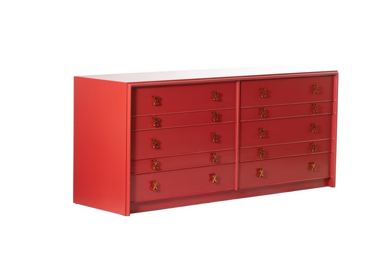 1950s Paul Frankl Moroccan Red Lacquered Double Dresser / Chest of Drawers For Sale 3