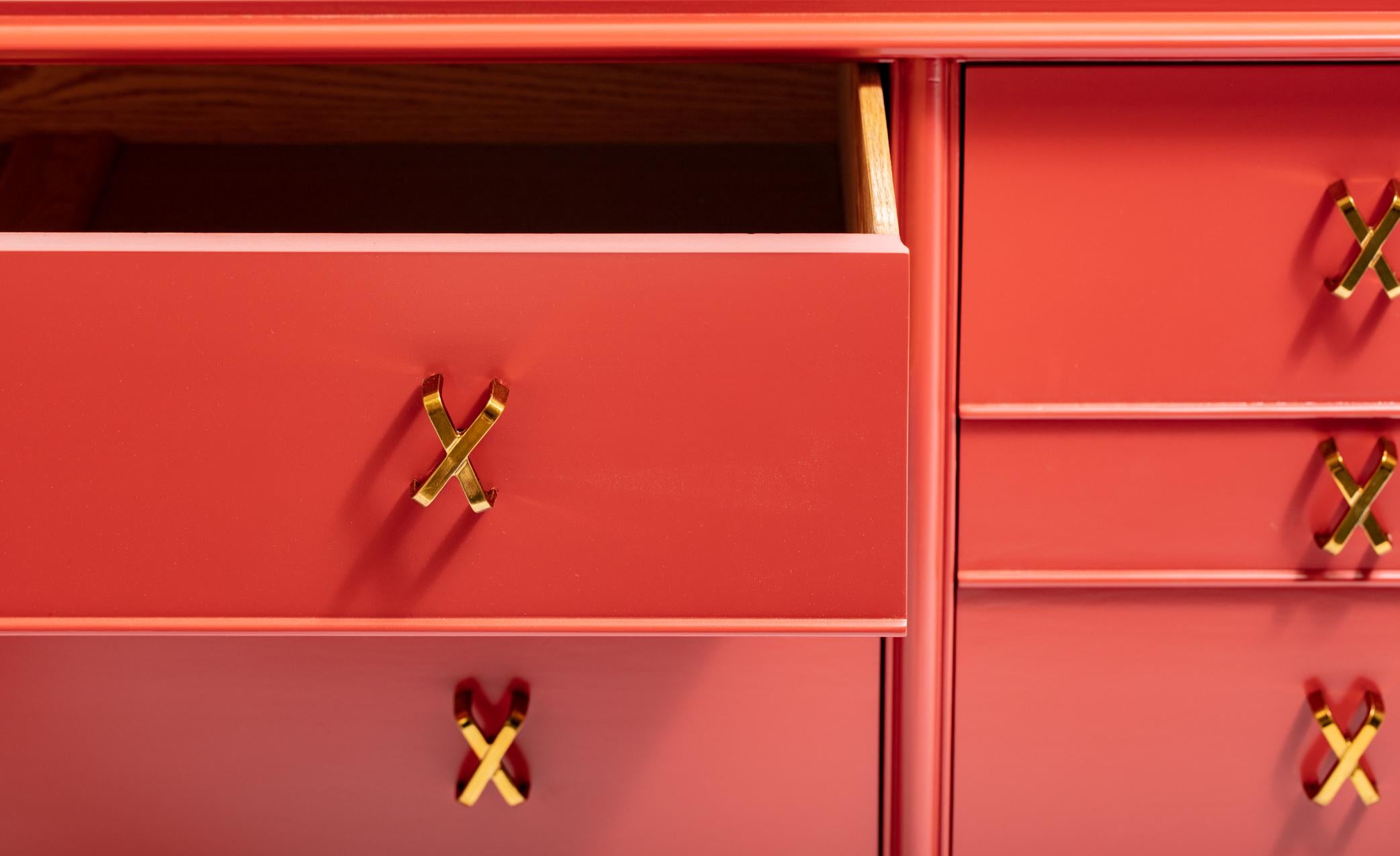 20th Century 1950s Paul Frankl Moroccan Red Lacquered Double Dresser / Chest of Drawers For Sale