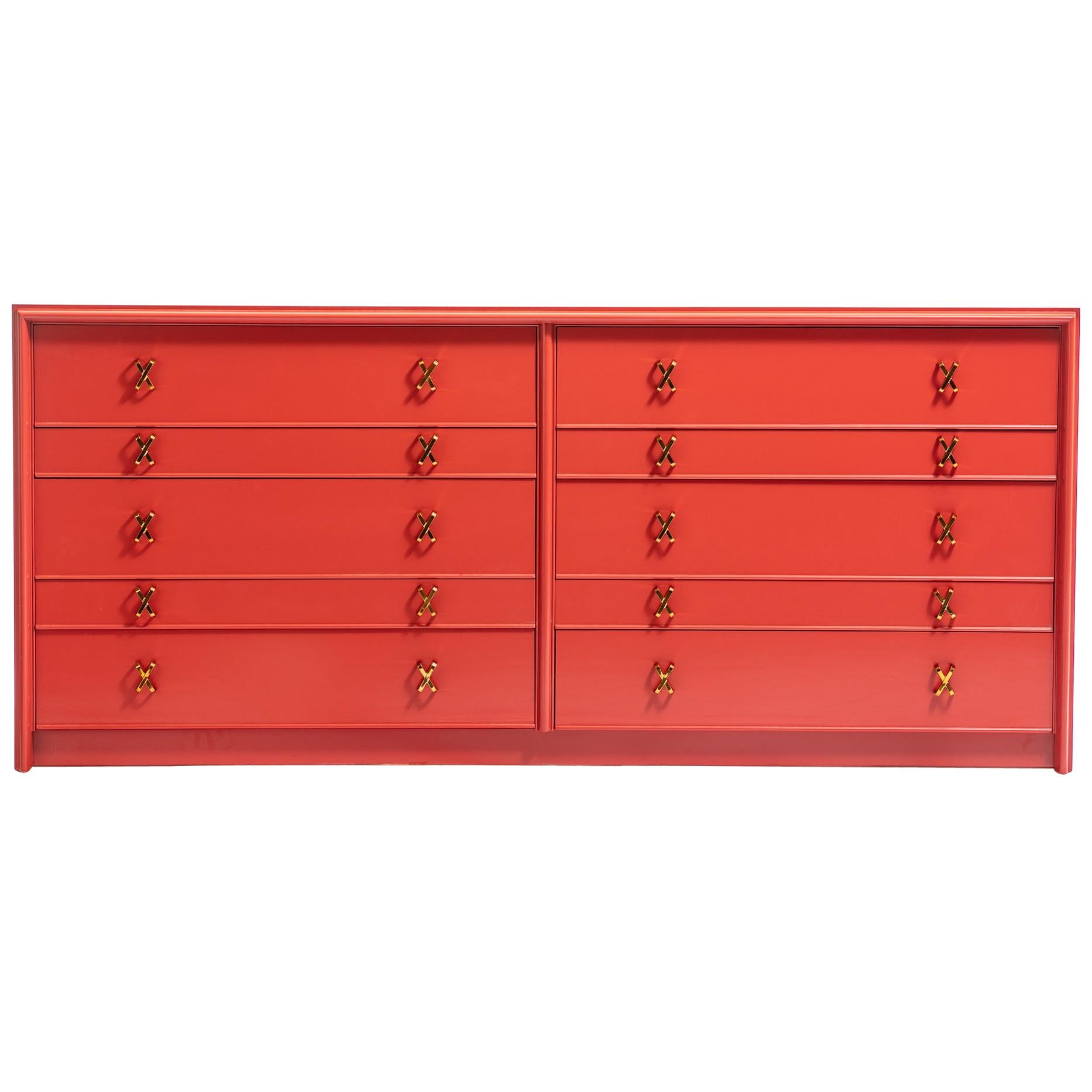 1950s Paul Frankl Moroccan Red Lacquered Double Dresser / Chest of Drawers