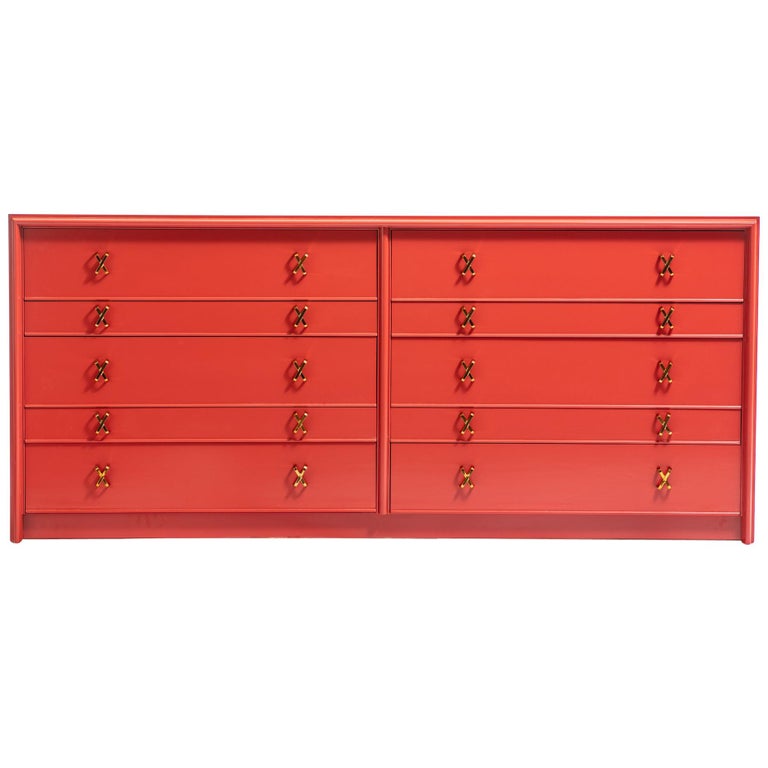 1950s Paul Frankl Moroccan Red Lacquered Double Dresser / Chest of Drawers For Sale